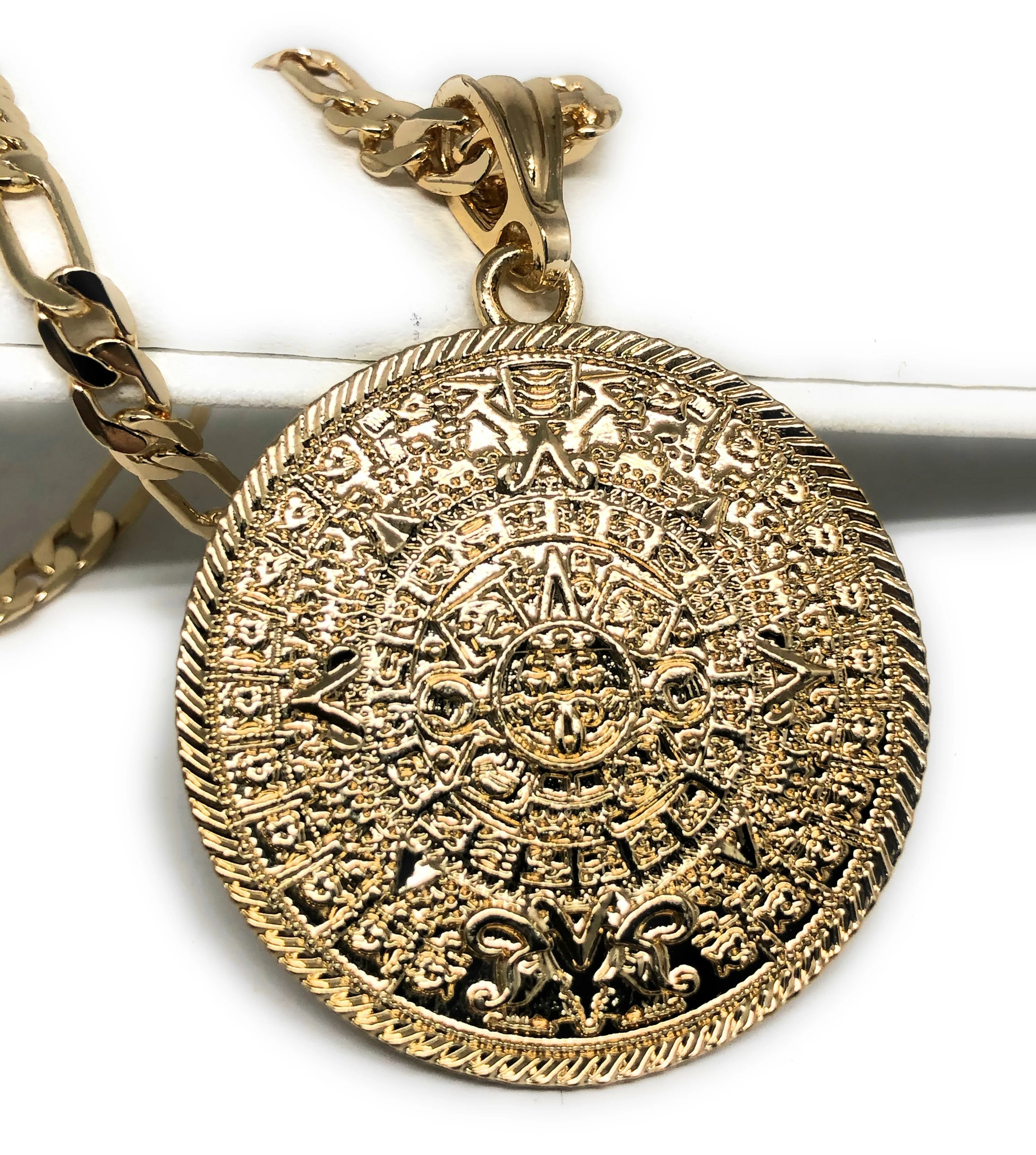 Gold Plated Mexican Aztec Calendar Centenario Pendant Necklace Figaro Chain 26" 5mm