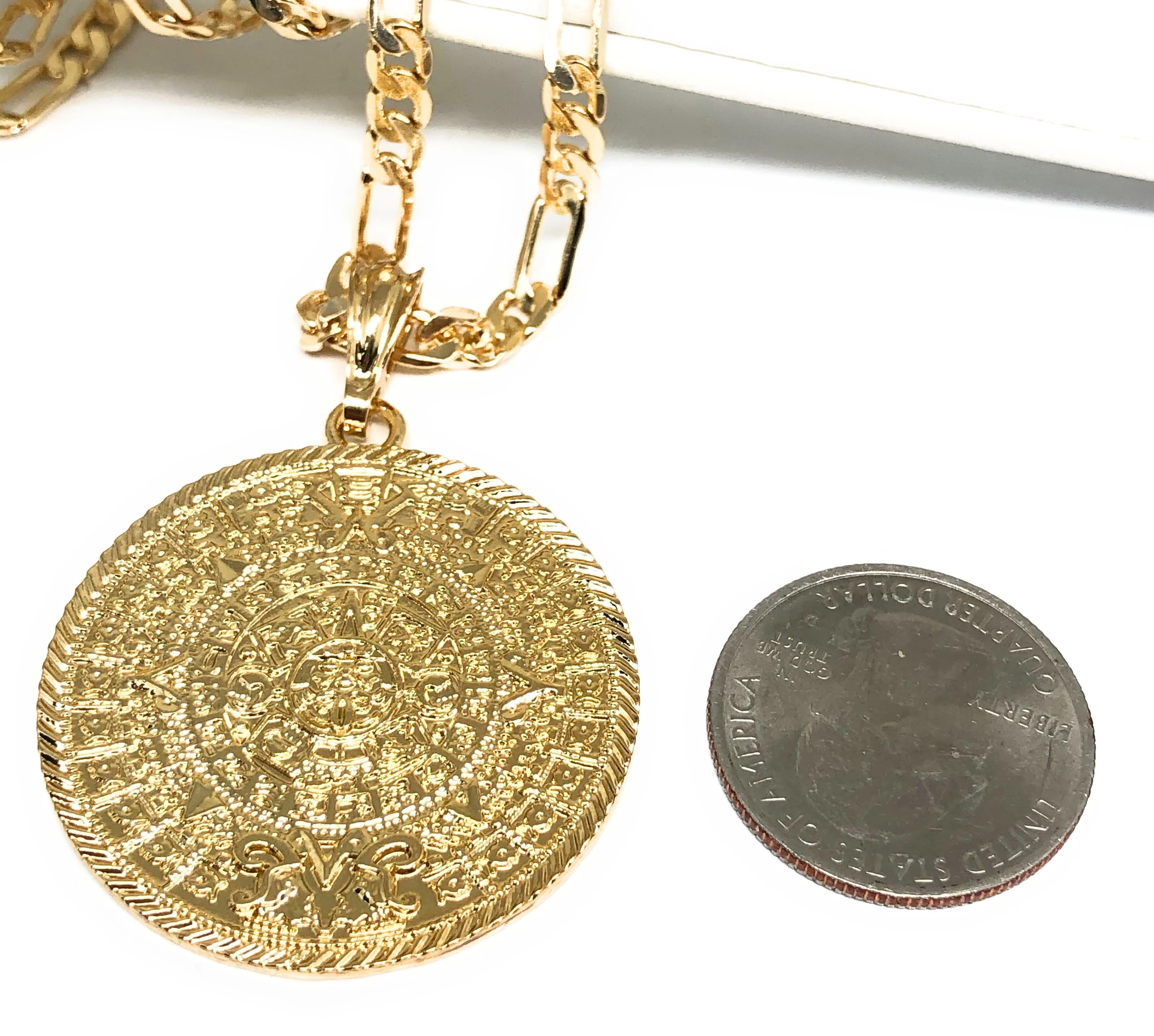 Gold Plated Mexican Aztec Calendar Centenario Pendant Necklace Figaro Chain 26" 5mm - Image 2