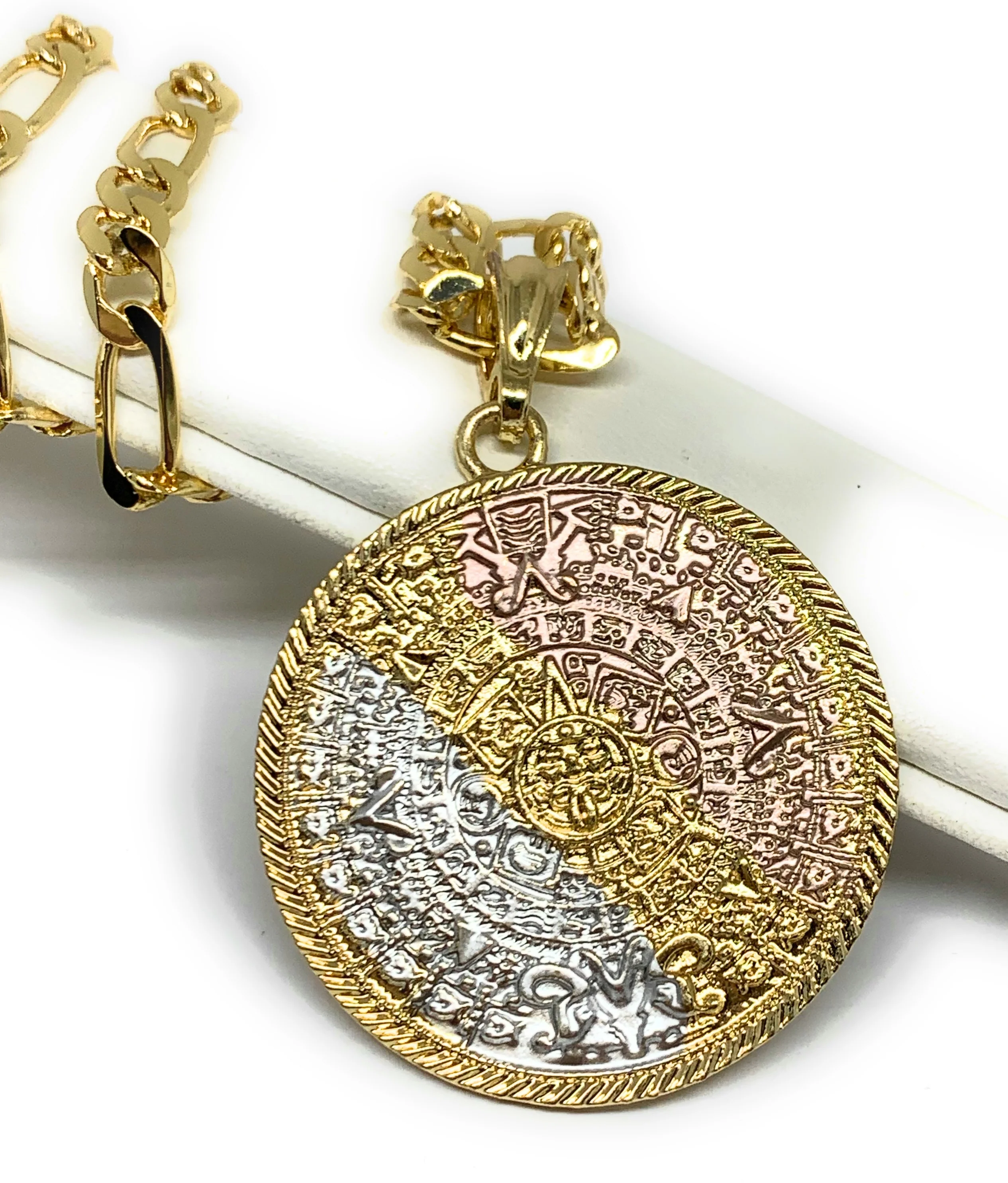 Gold Plated Mexican Aztec Calendar Centenario Pendant Necklace Figaro Chain 26" 5mm - Image 3
