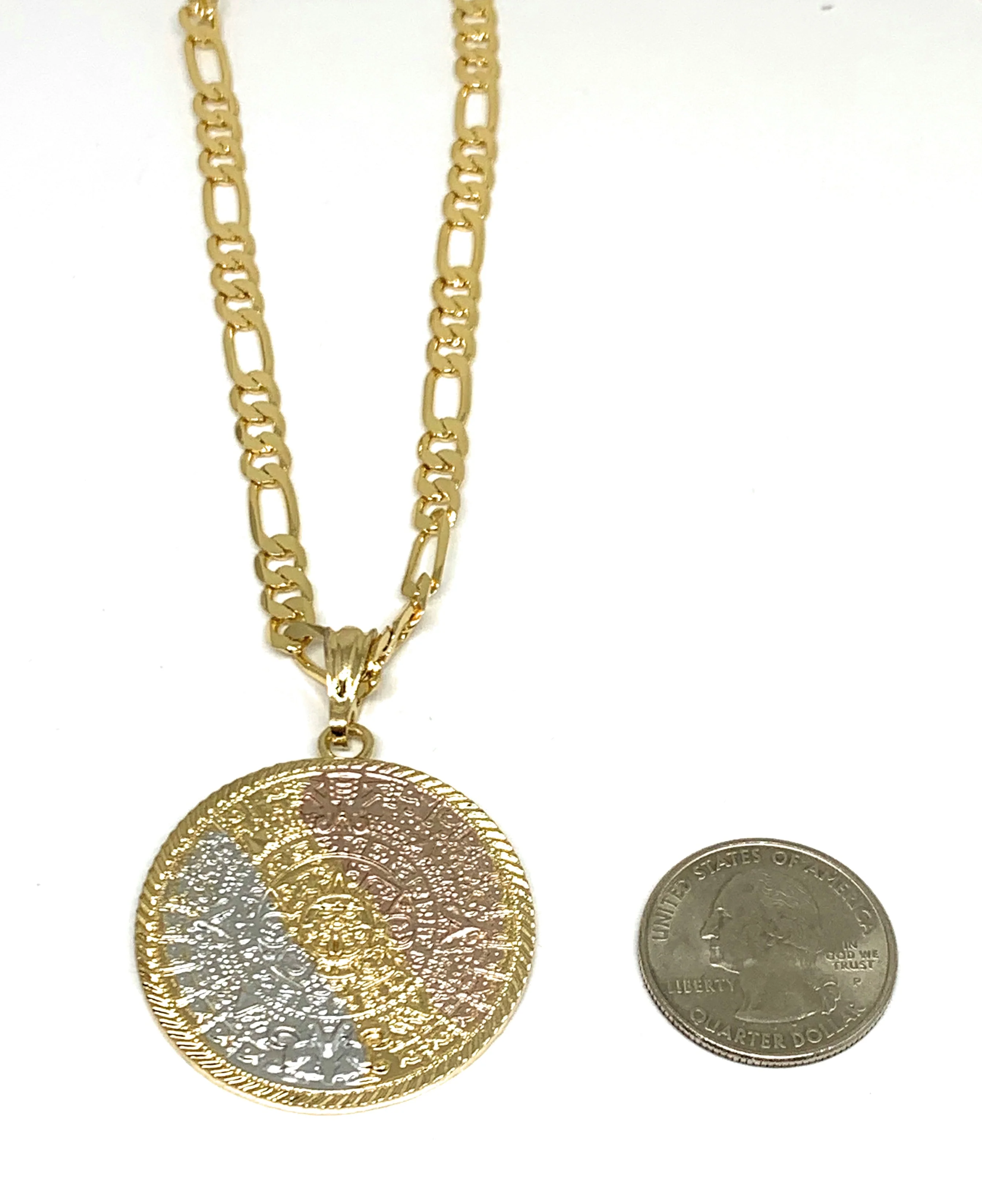 Gold Plated Mexican Aztec Calendar Centenario Pendant Necklace Figaro Chain 26" 5mm - Image 4