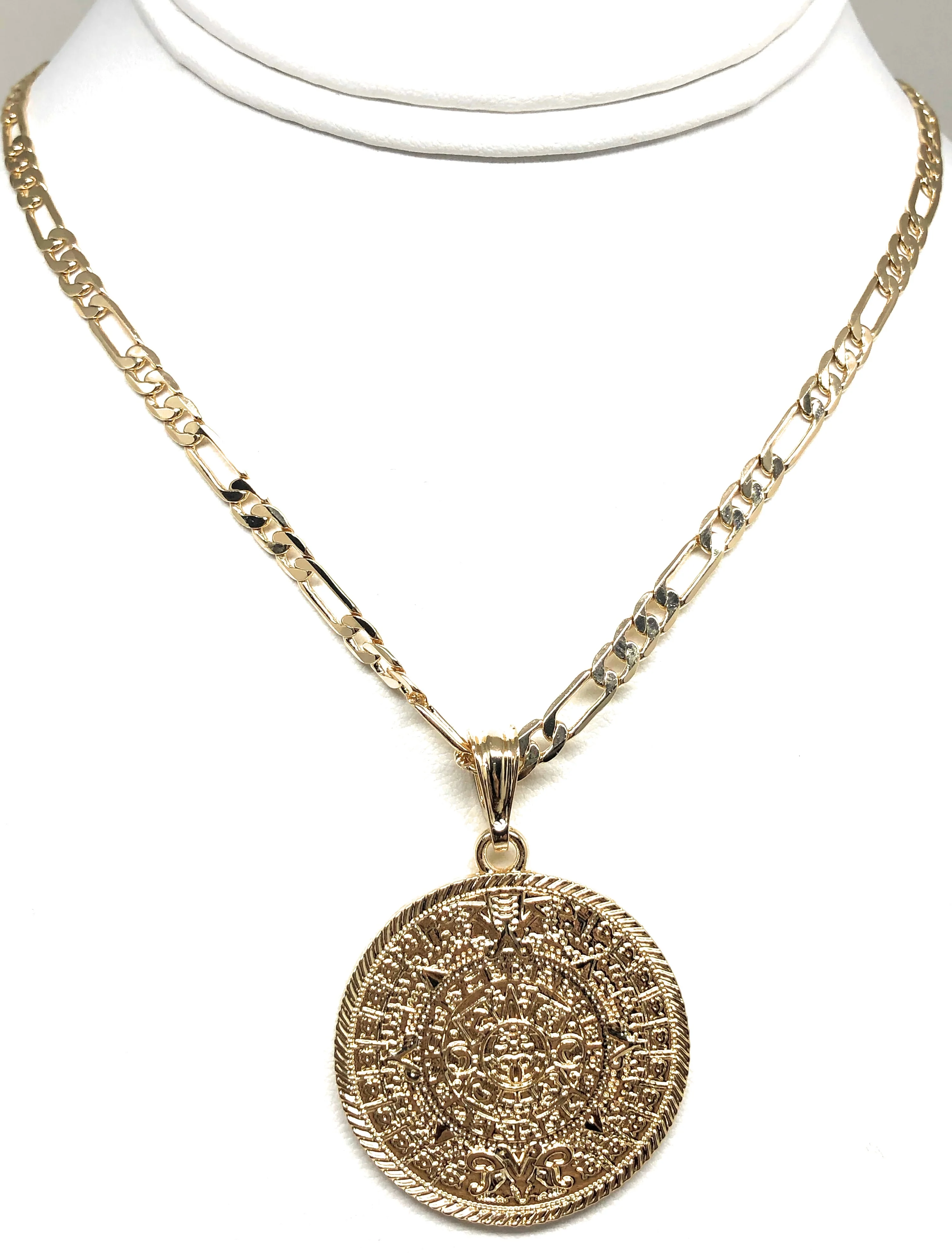 Gold Plated Mexican Aztec Calendar Centenario Pendant Necklace Figaro Chain 26" 5mm - Image 6