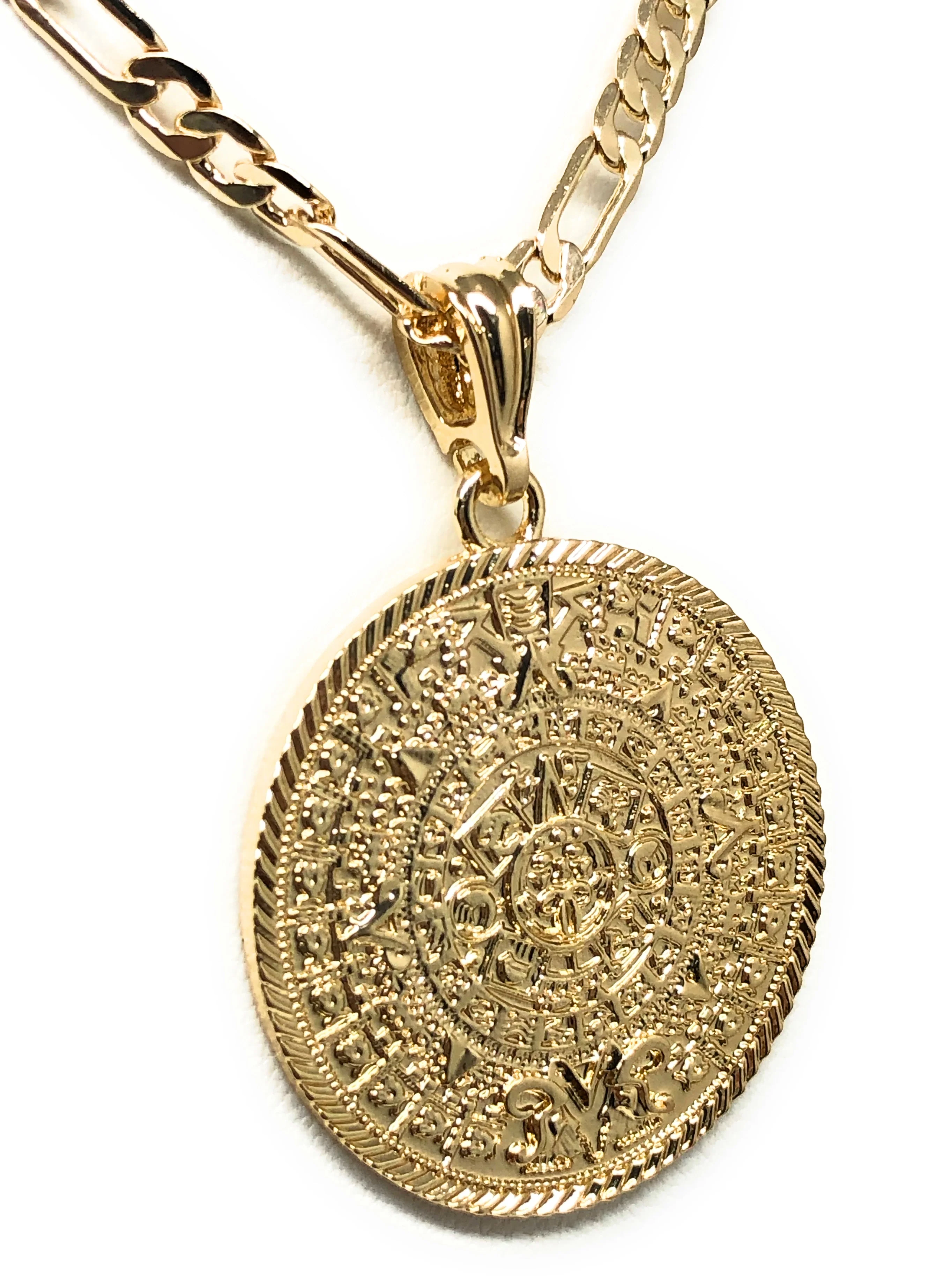 Gold Plated Mexican Aztec Calendar Centenario Pendant Necklace Figaro Chain 26" 5mm - Image 7