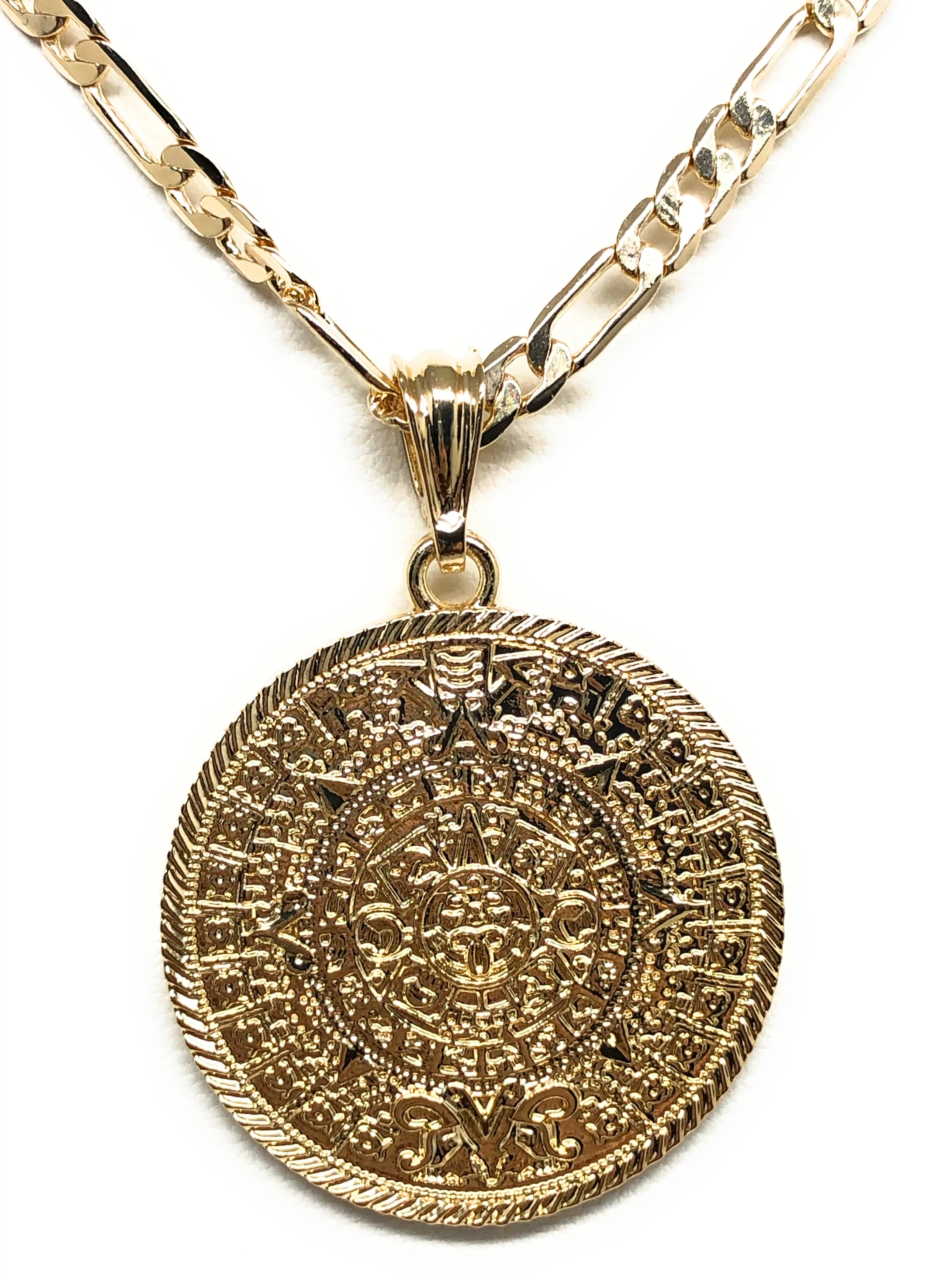 Gold Plated Mexican Aztec Calendar Centenario Pendant Necklace Figaro Chain 26" 5mm - Image 8