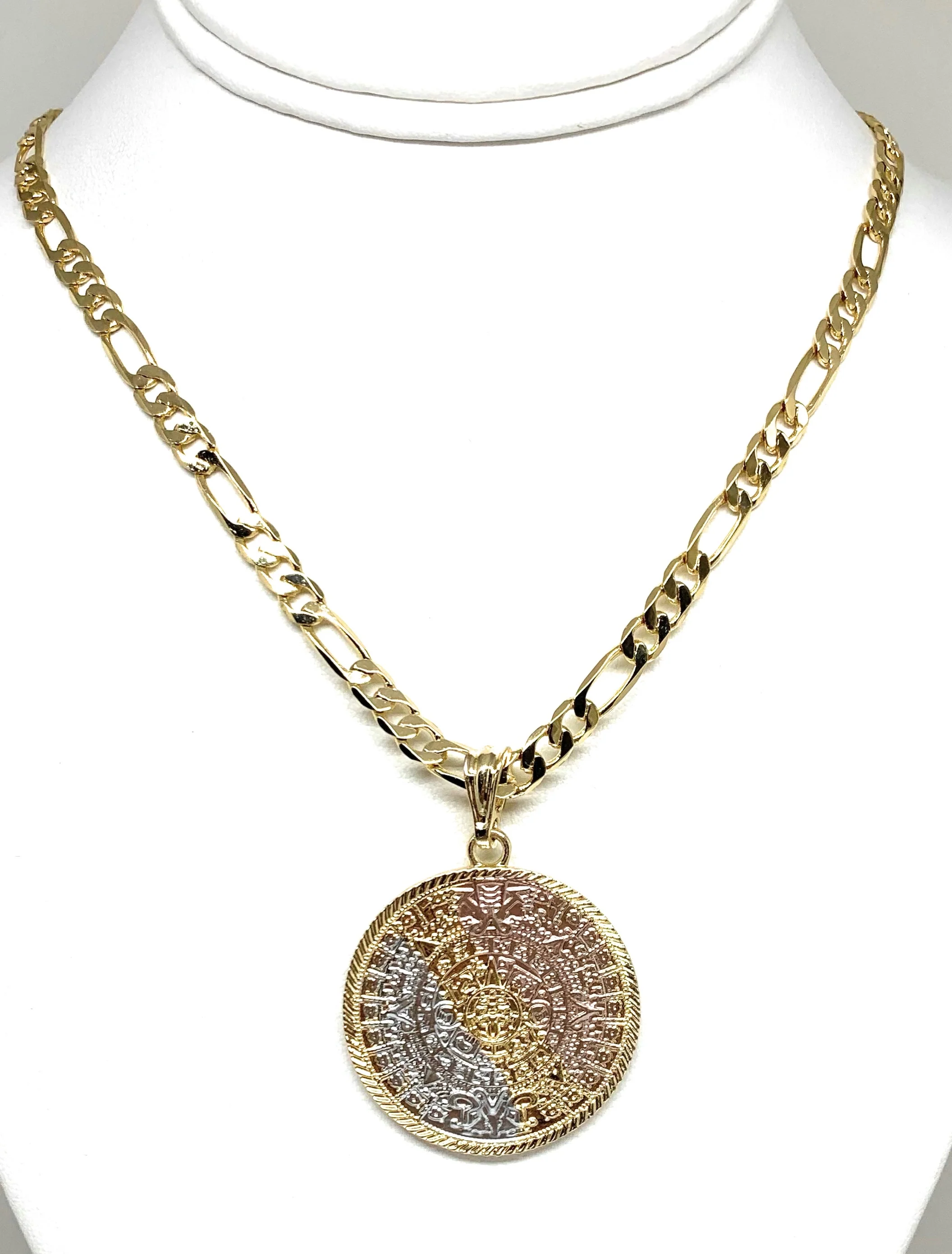 Gold Plated Mexican Aztec Calendar Centenario Pendant Necklace Figaro Chain 26" 5mm - Image 9