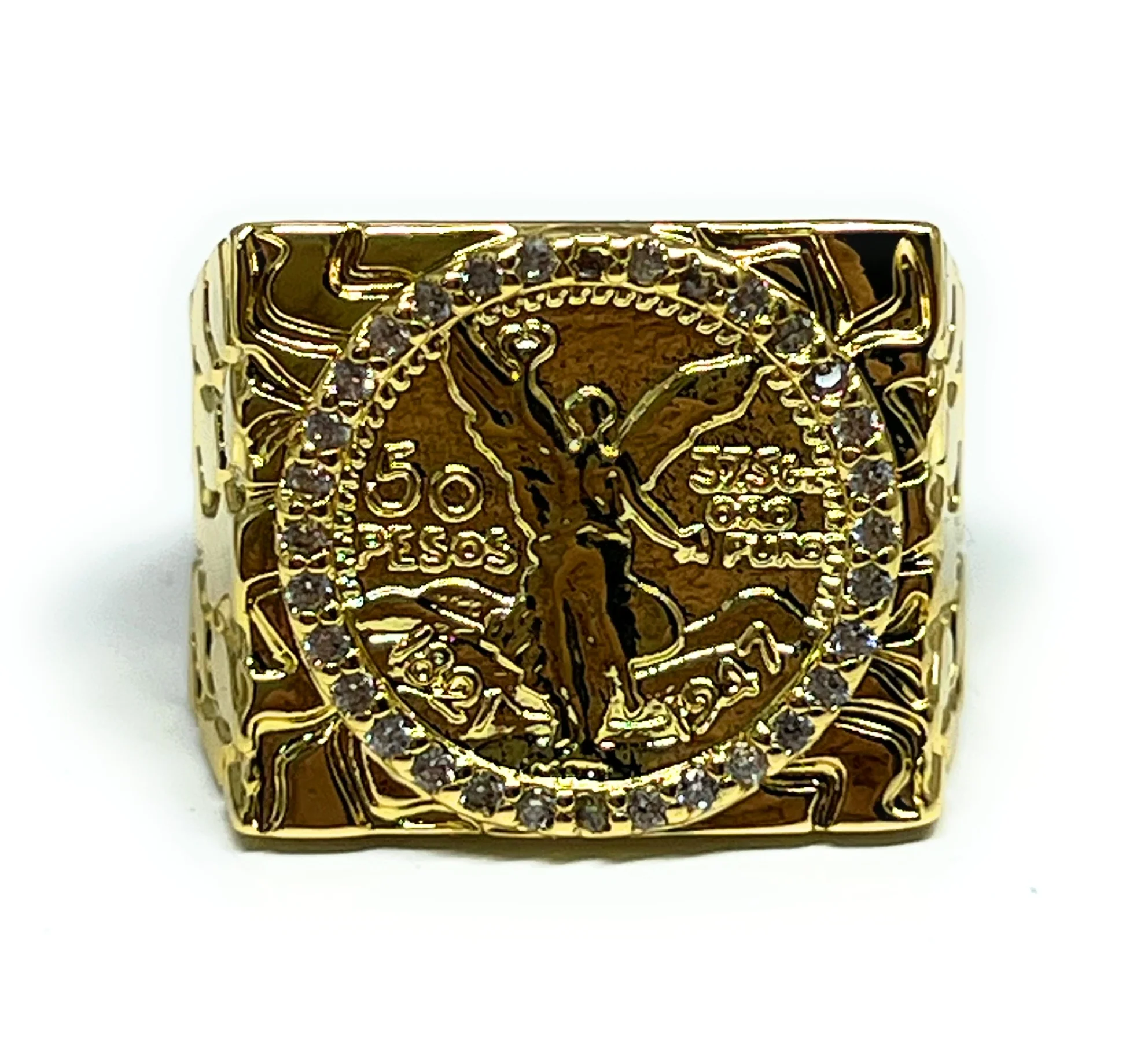 GOLD PLATED MEXICAN CENTENARIO 50 COIN NUGGET CZ RING ANILLO