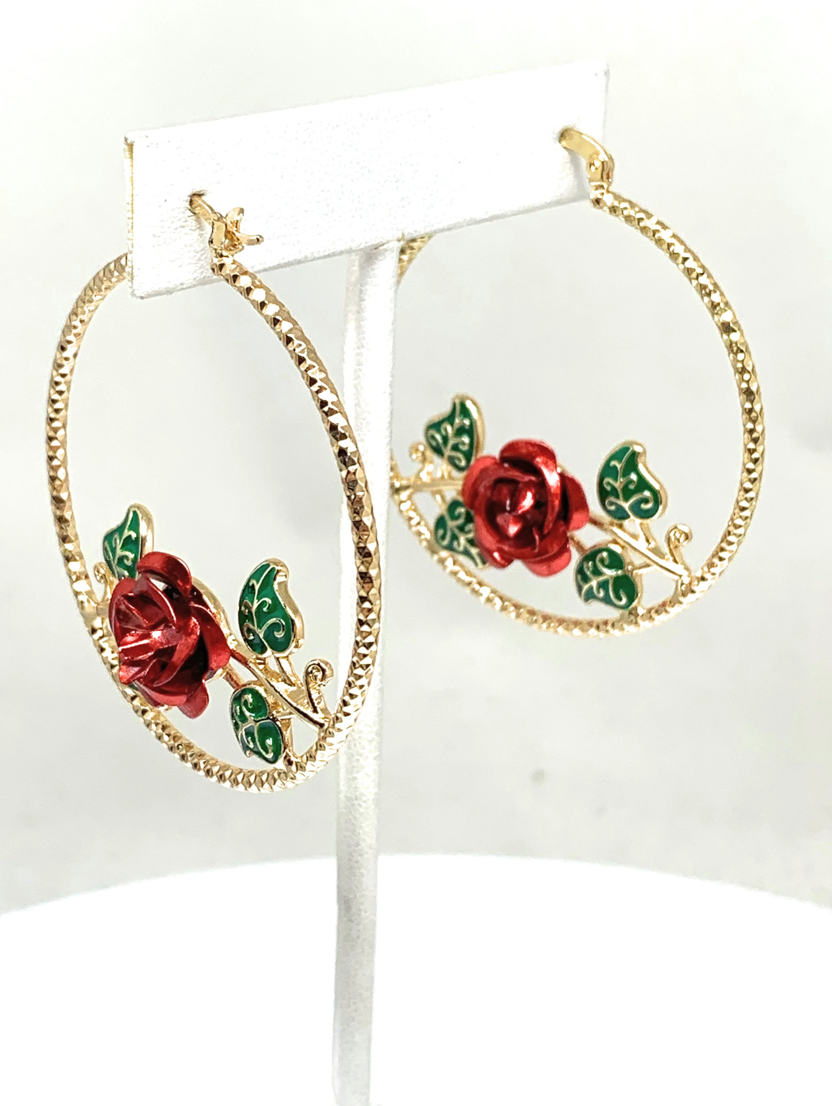Gold Plated Rose Flower Hoop Earrings Flor Aretes Arracadas (2 INCH) - Image 11