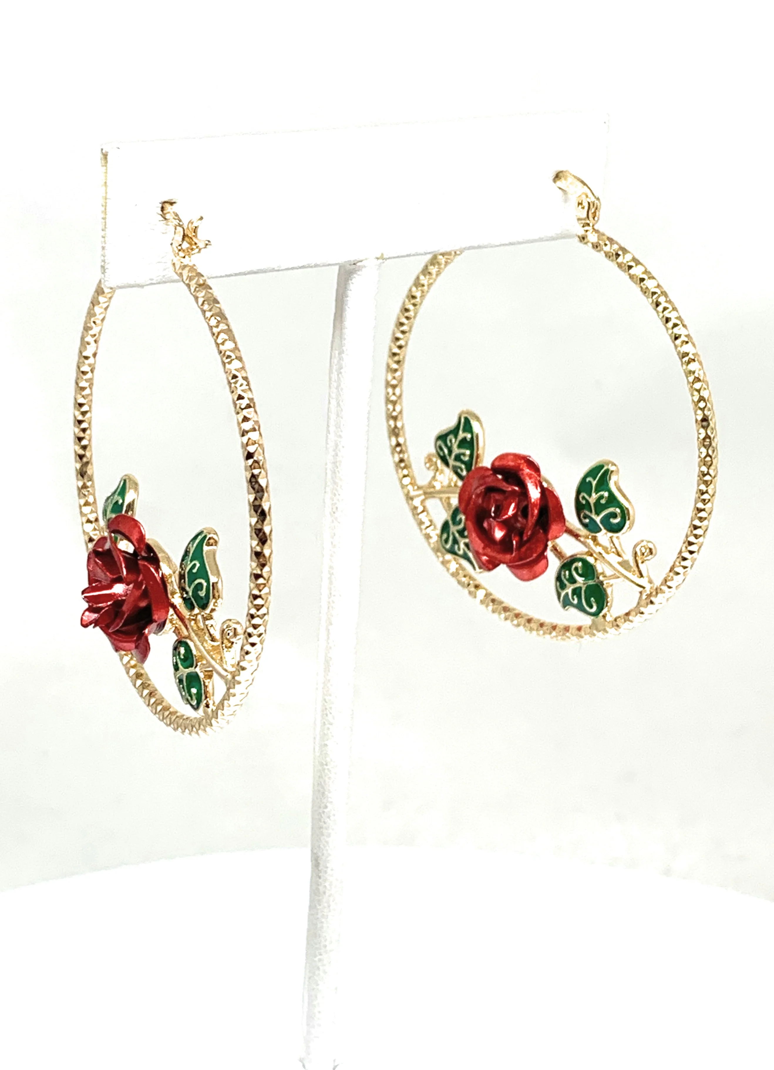 Gold Plated Rose Flower Hoop Earrings Flor Aretes Arracadas (2 INCH) - Image 12