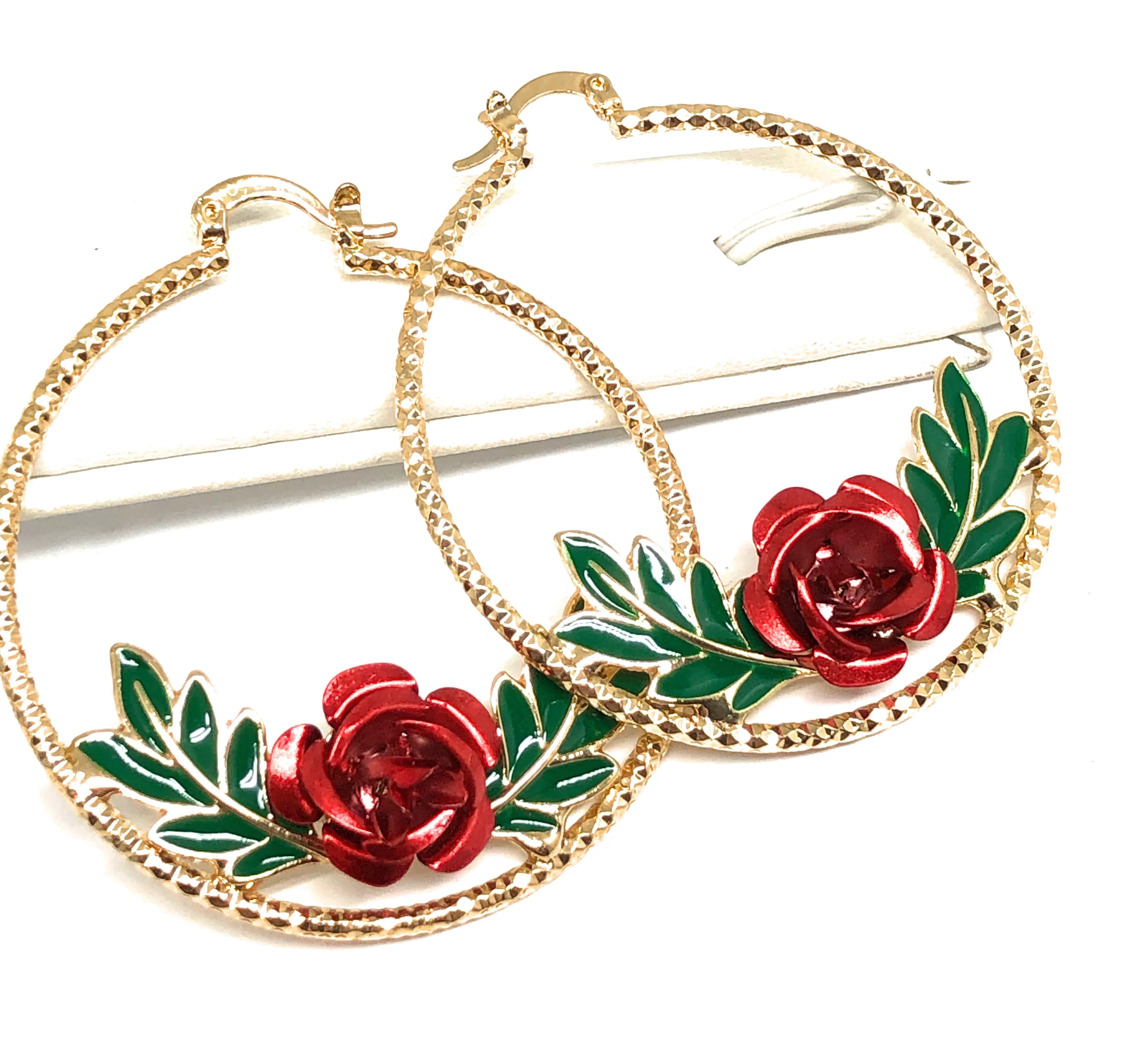 Gold Plated Rose Flower Hoop Earrings Flor Aretes Arracadas (2 INCH) - Image 3