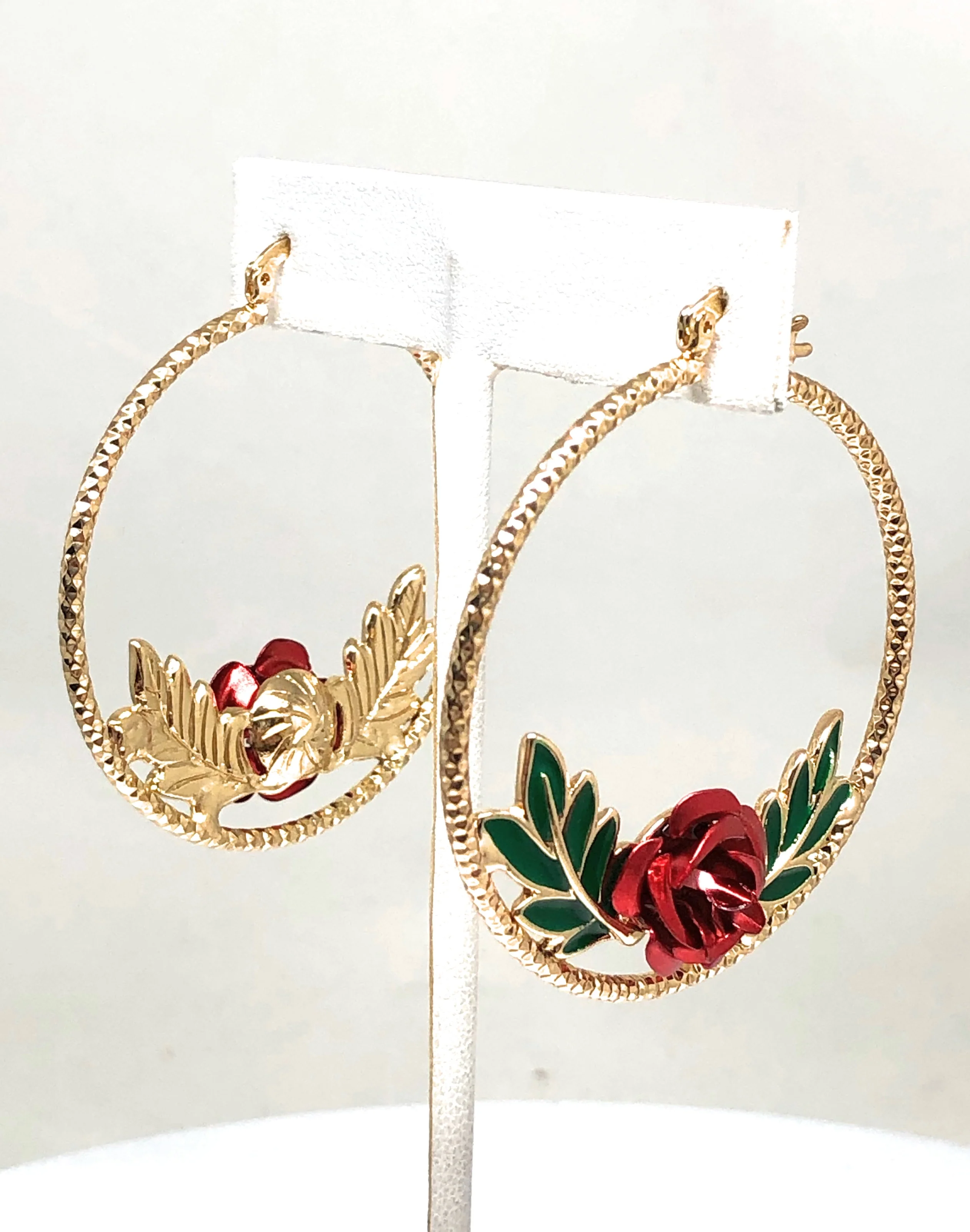 Gold Plated Rose Flower Hoop Earrings Flor Aretes Arracadas (2 INCH) - Image 4