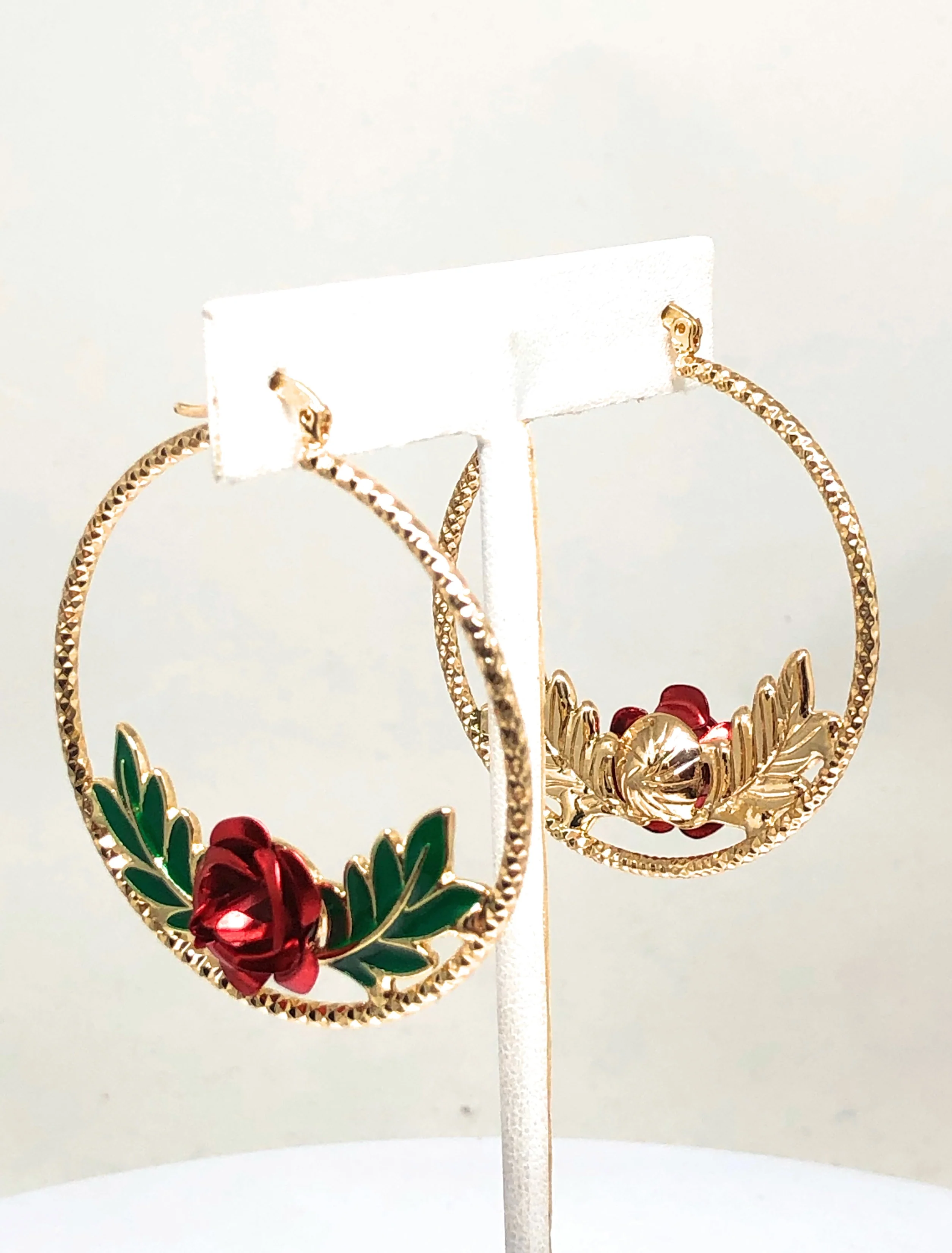 Gold Plated Rose Flower Hoop Earrings Flor Aretes Arracadas (2 INCH) - Image 5