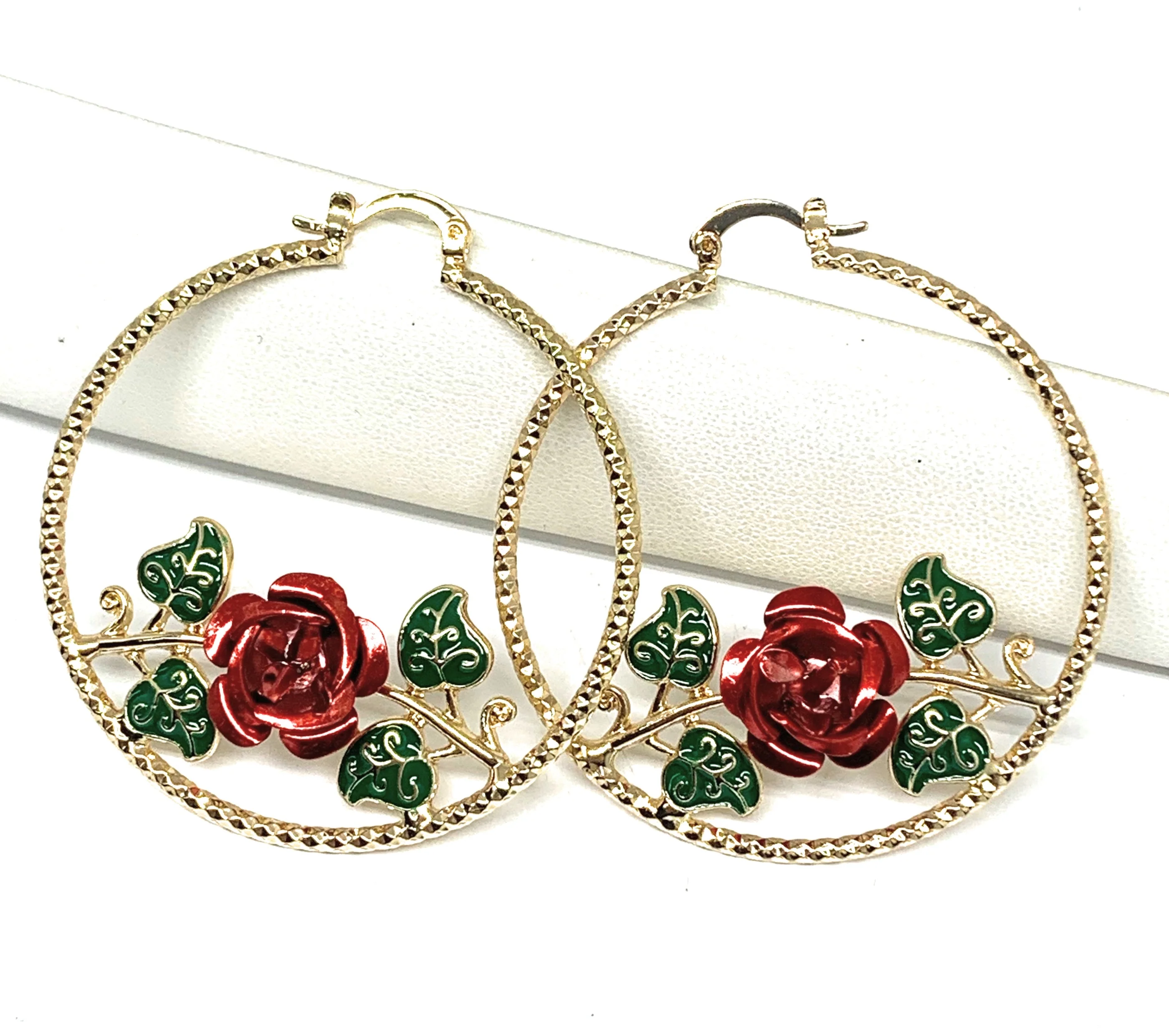 Gold Plated Rose Flower Hoop Earrings Flor Aretes Arracadas (2 INCH) - Image 6