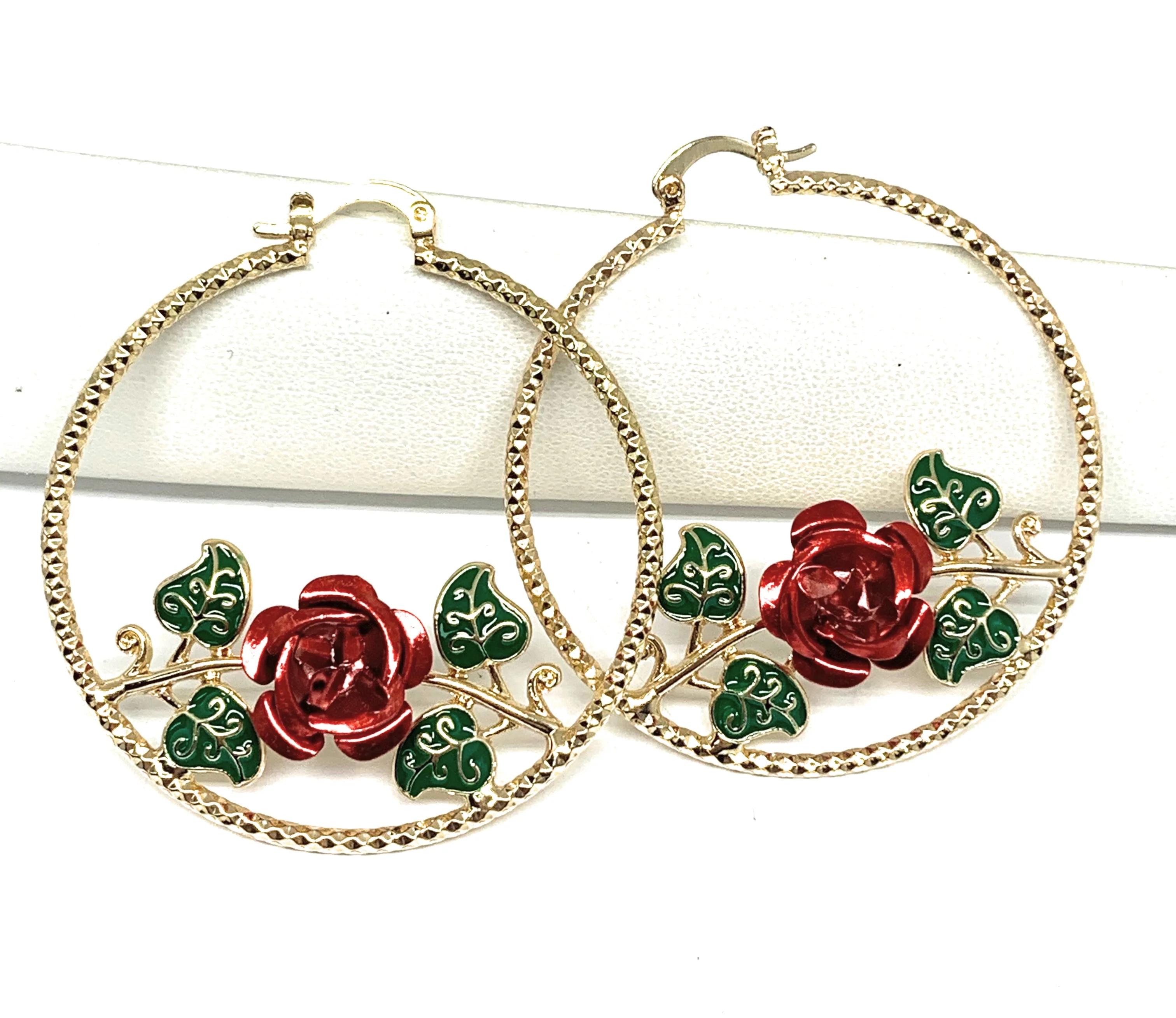 Gold Plated Rose Flower Hoop Earrings Flor Aretes Arracadas (2 INCH) - Image 7
