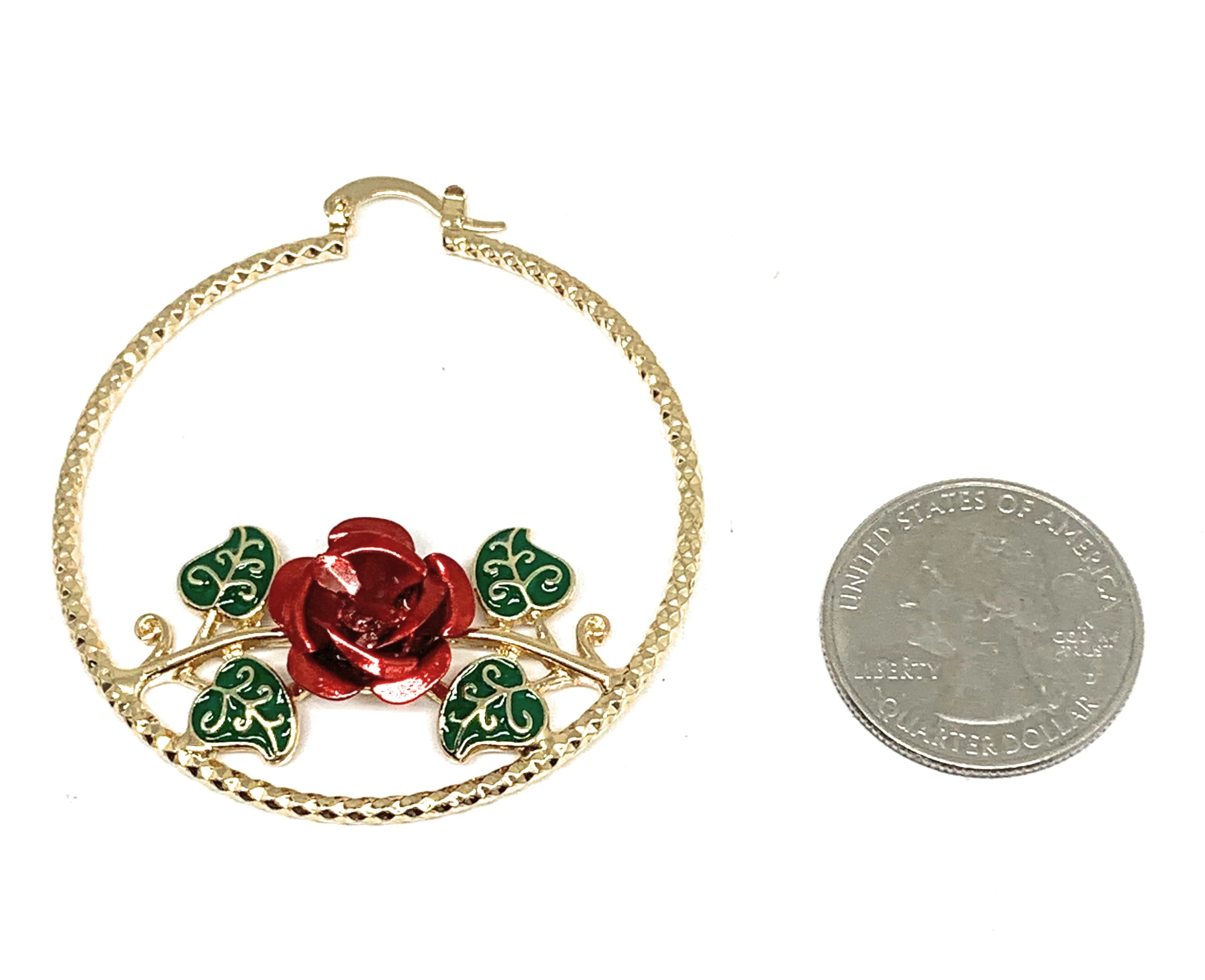 Gold Plated Rose Flower Hoop Earrings Flor Aretes Arracadas (2 INCH) - Image 8