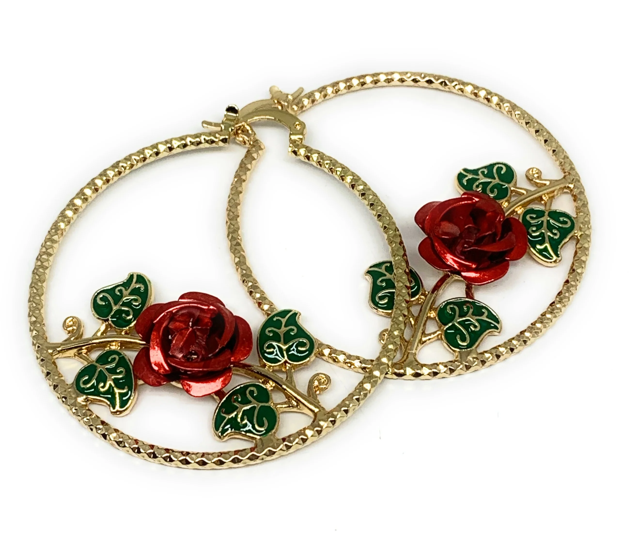 Gold Plated Rose Flower Hoop Earrings Flor Aretes Arracadas (2 INCH) - Image 9