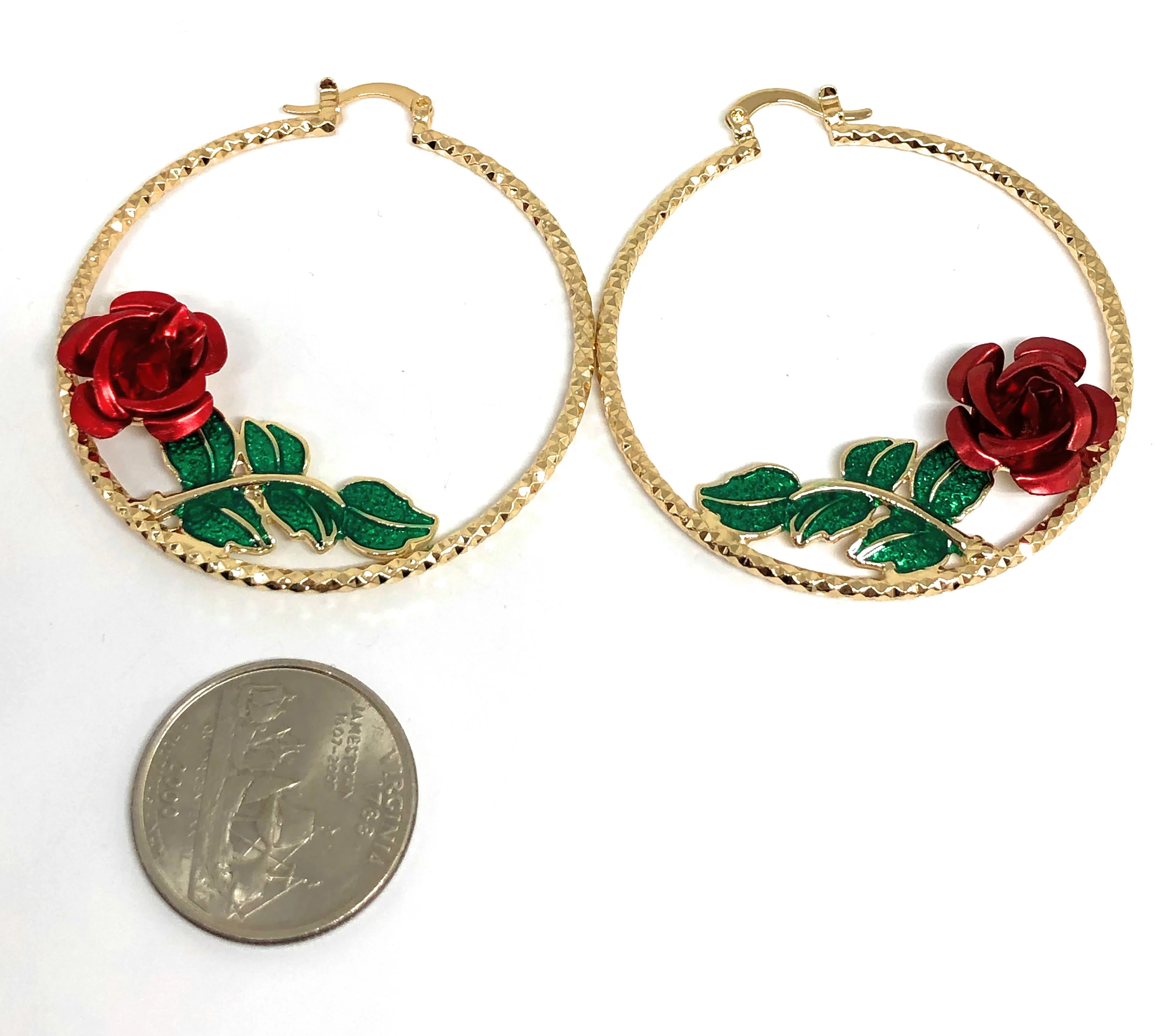 Gold Plated Rose Flower Hoop Earrings Flor Aretes Arracadas (2 INCH) - Image 4