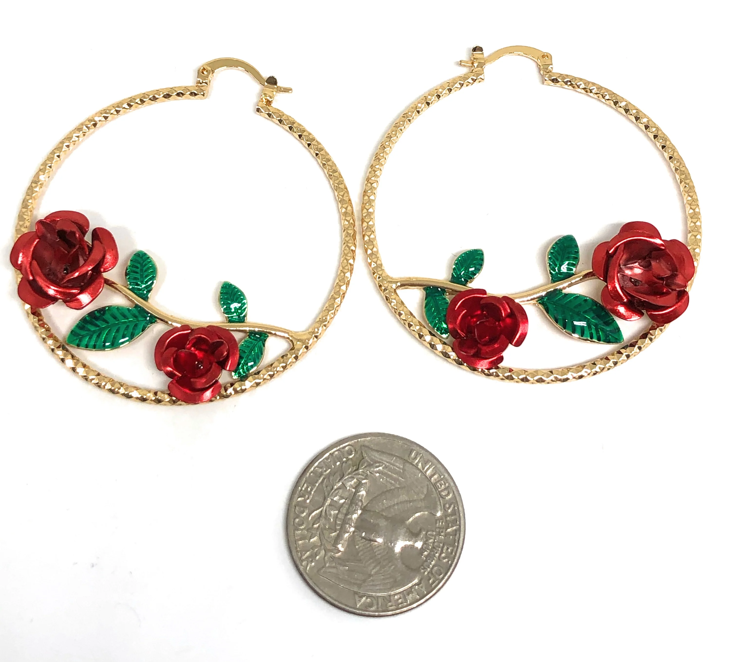 Gold Plated Rose Flower Hoop Earrings Flor Aretes Arracadas - Image 2