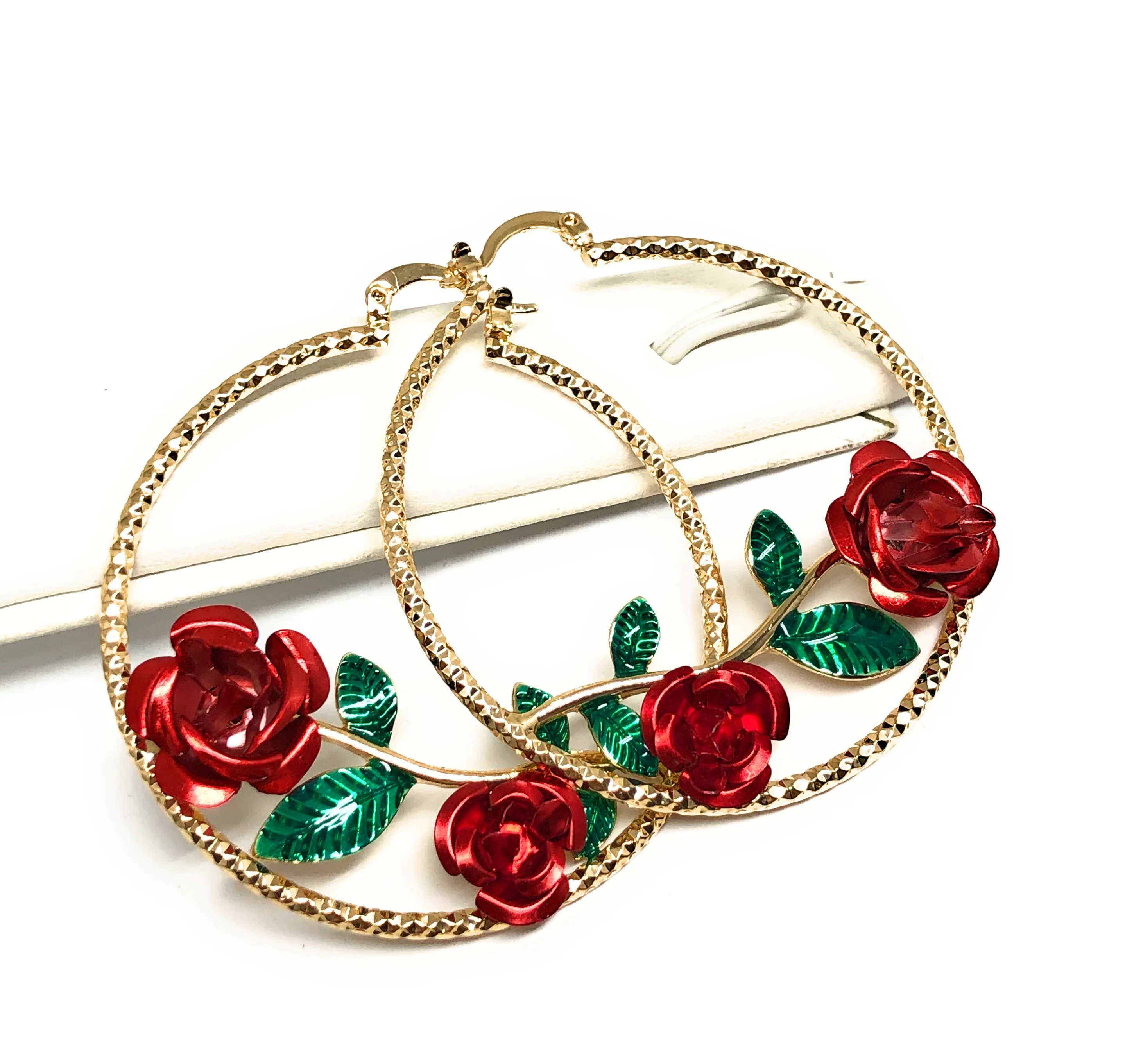 Gold Plated Rose Flower Hoop Earrings Flor Aretes Arracadas - Image 3
