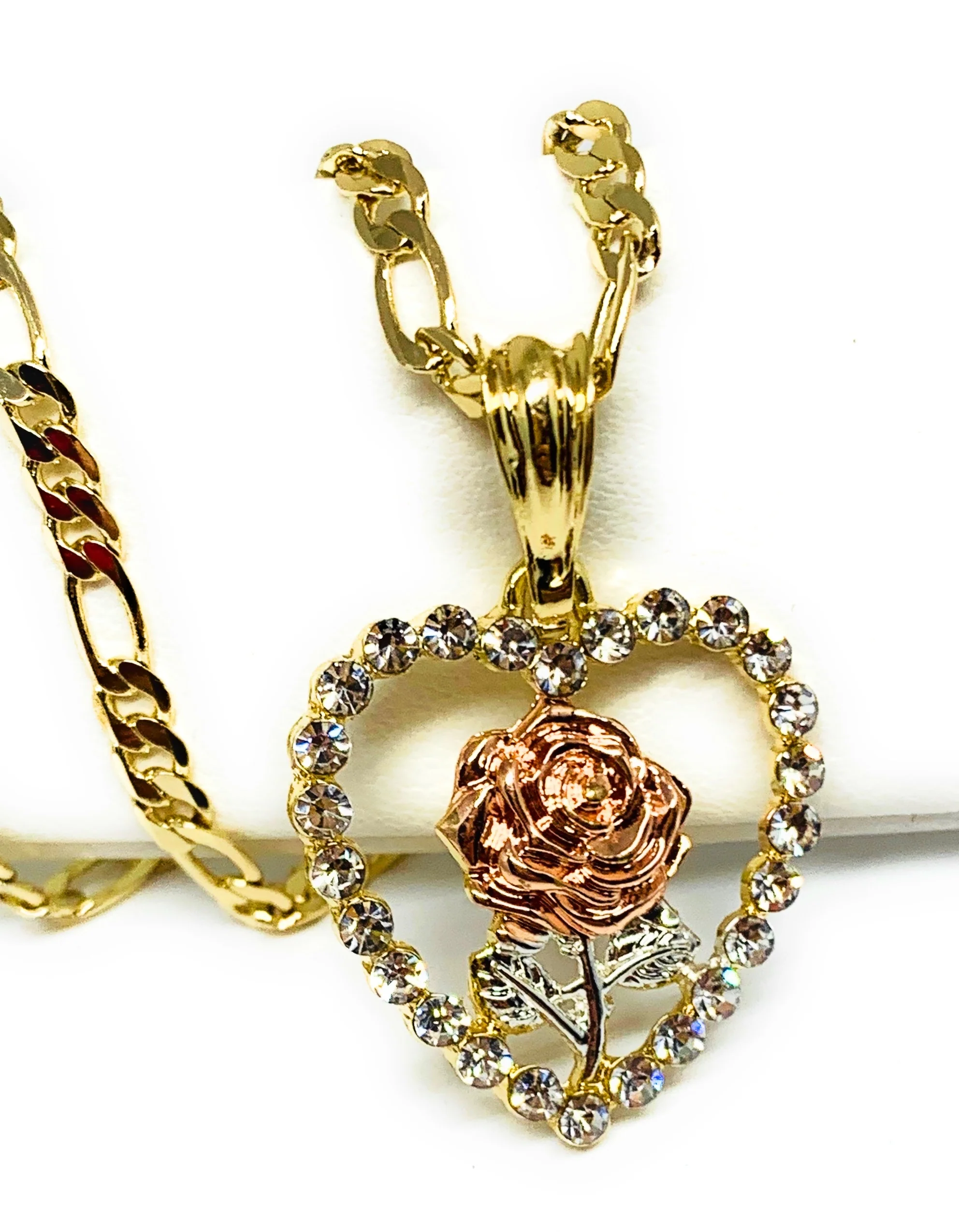 Gold Plated Rose Heart CZ Pendant Necklace Chain 24” Flor Pendant