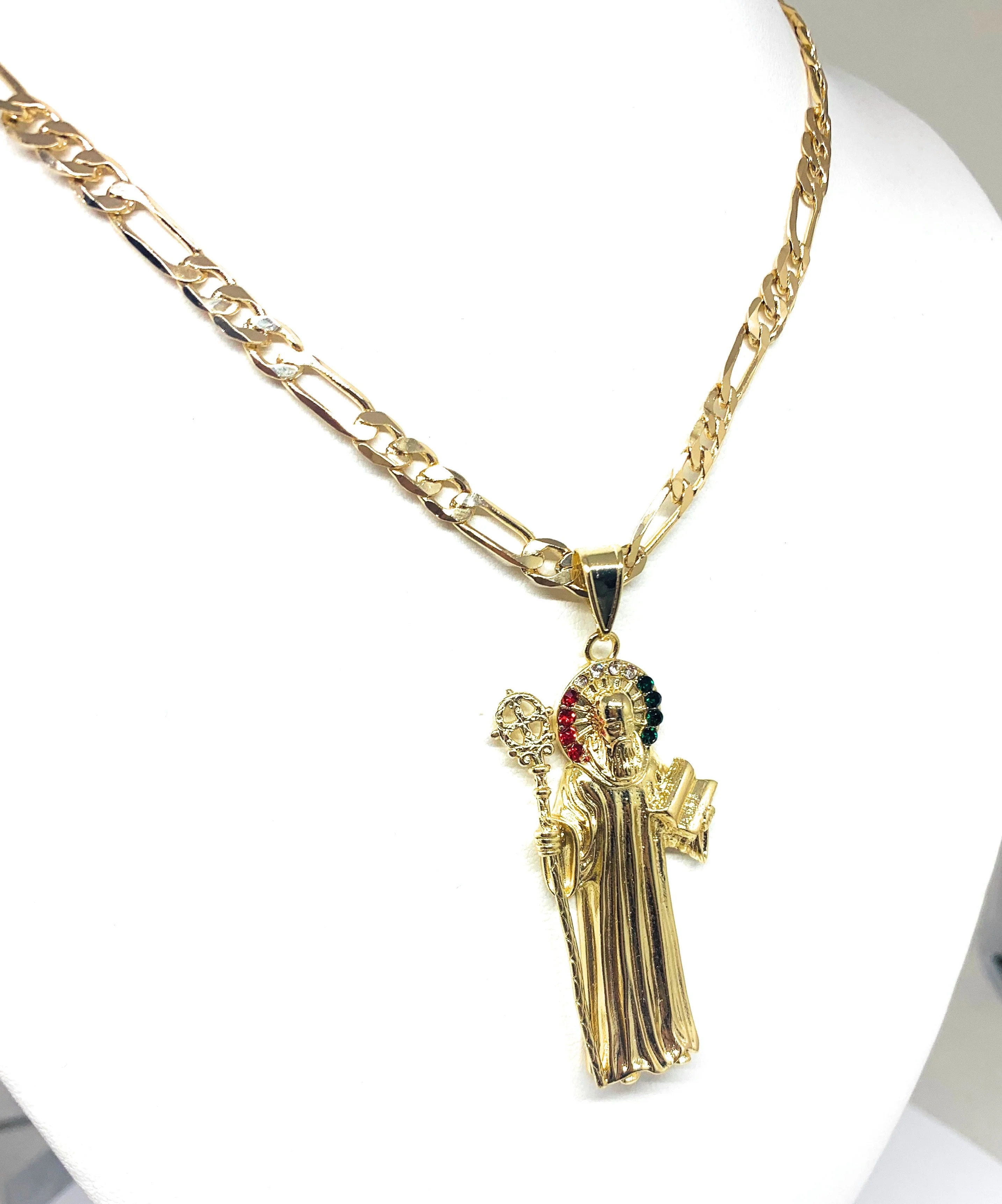 Gold Plated Saint Benedict Medal Pendant Necklace San Benito Medalla Oro Figaro 26" - Image 3