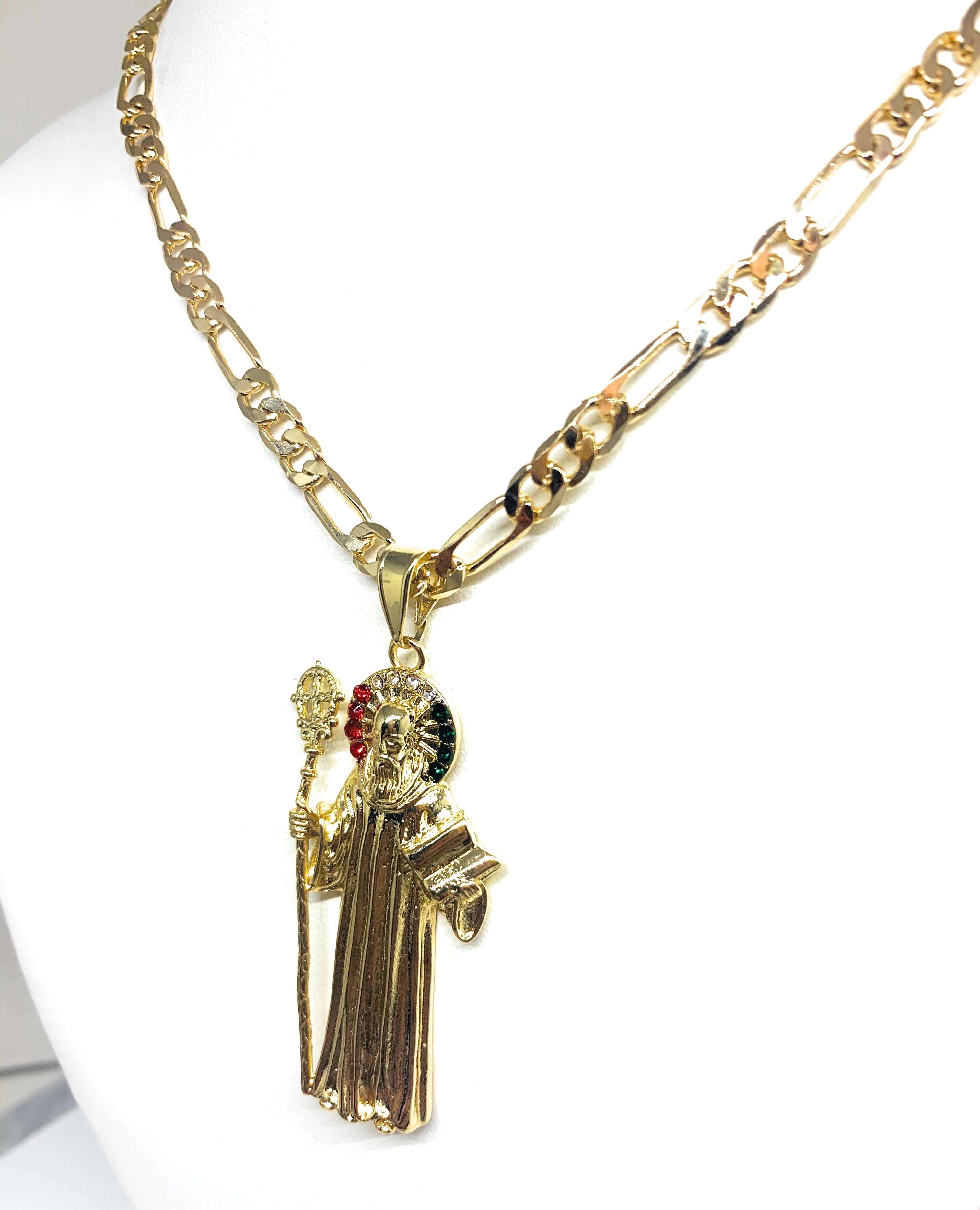 Gold Plated Saint Benedict Medal Pendant Necklace San Benito Medalla Oro Figaro 26" - Image 6
