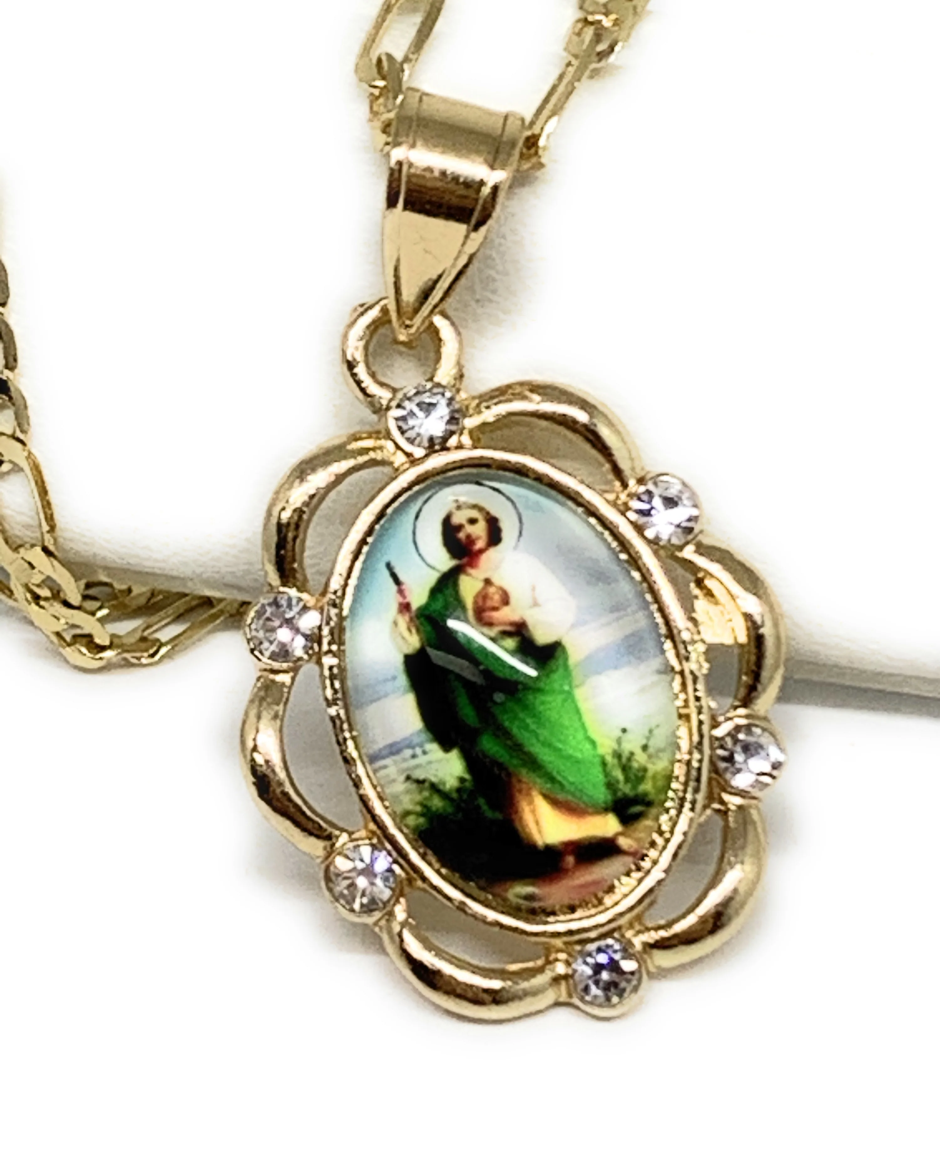 Gold Plated Saint Jude Pendant CZ Necklace Figaro 24" San Judas Tadeo Medalla