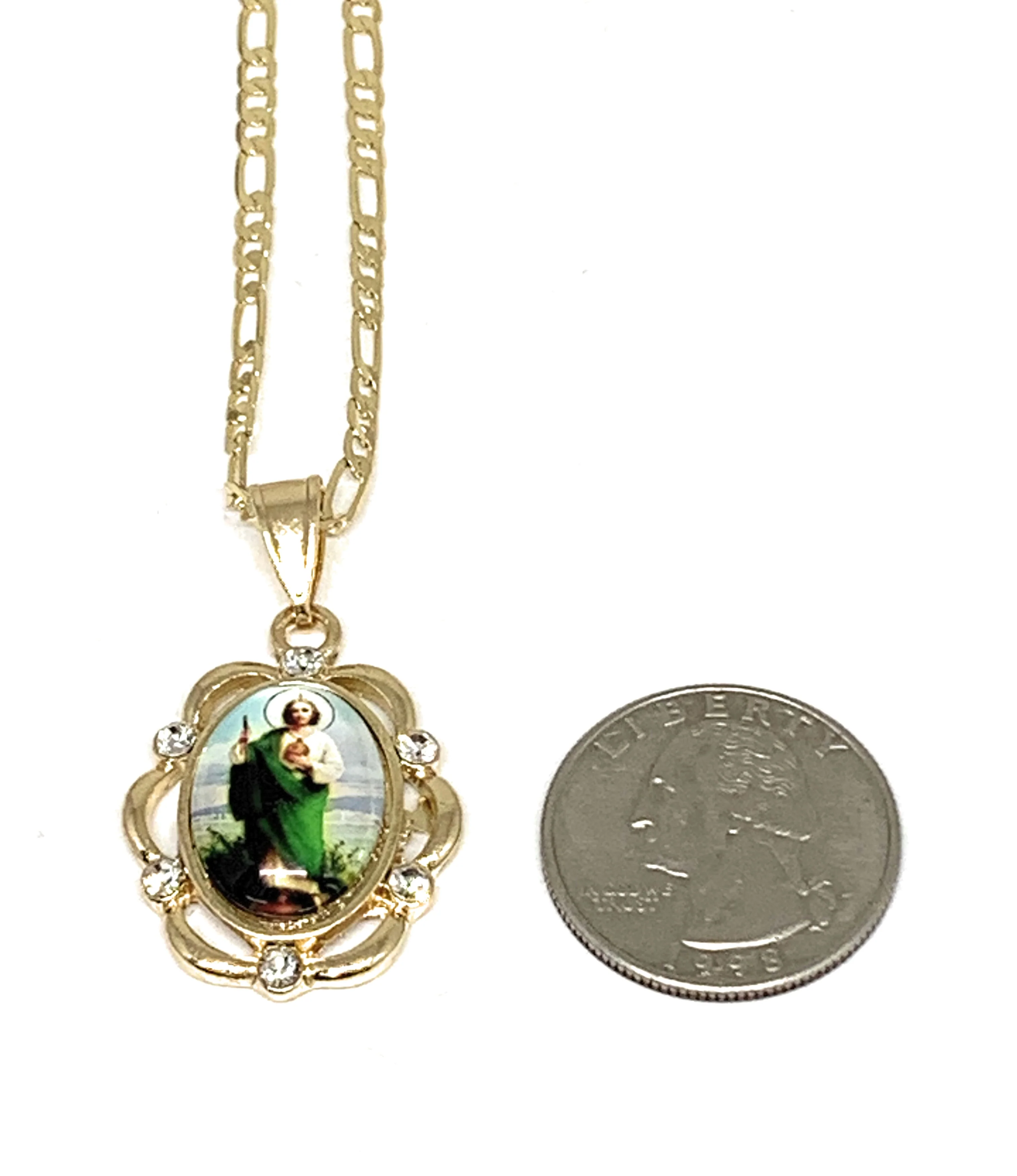 Gold Plated Saint Jude Pendant CZ Necklace Figaro 24" San Judas Tadeo Medalla - Image 2