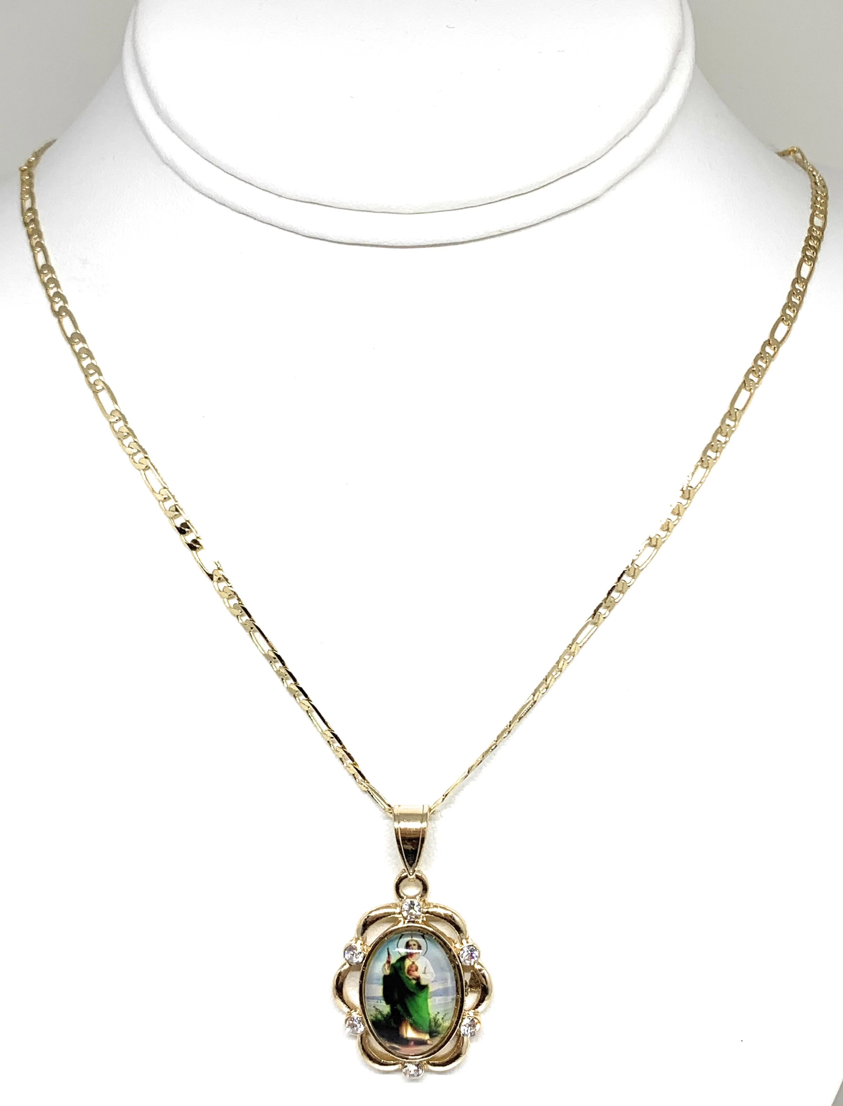 Gold Plated Saint Jude Pendant CZ Necklace Figaro 24" San Judas Tadeo Medalla - Image 3