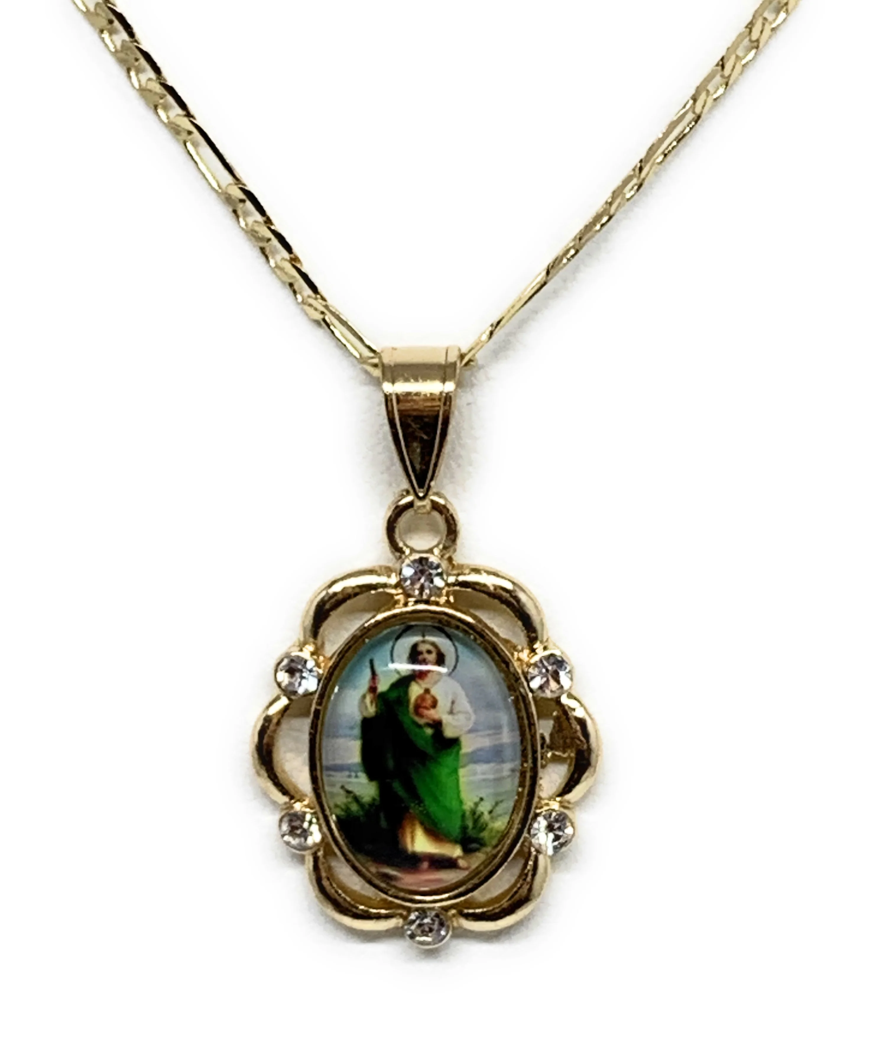 Gold Plated Saint Jude Pendant CZ Necklace Figaro 24" San Judas Tadeo Medalla - Image 4