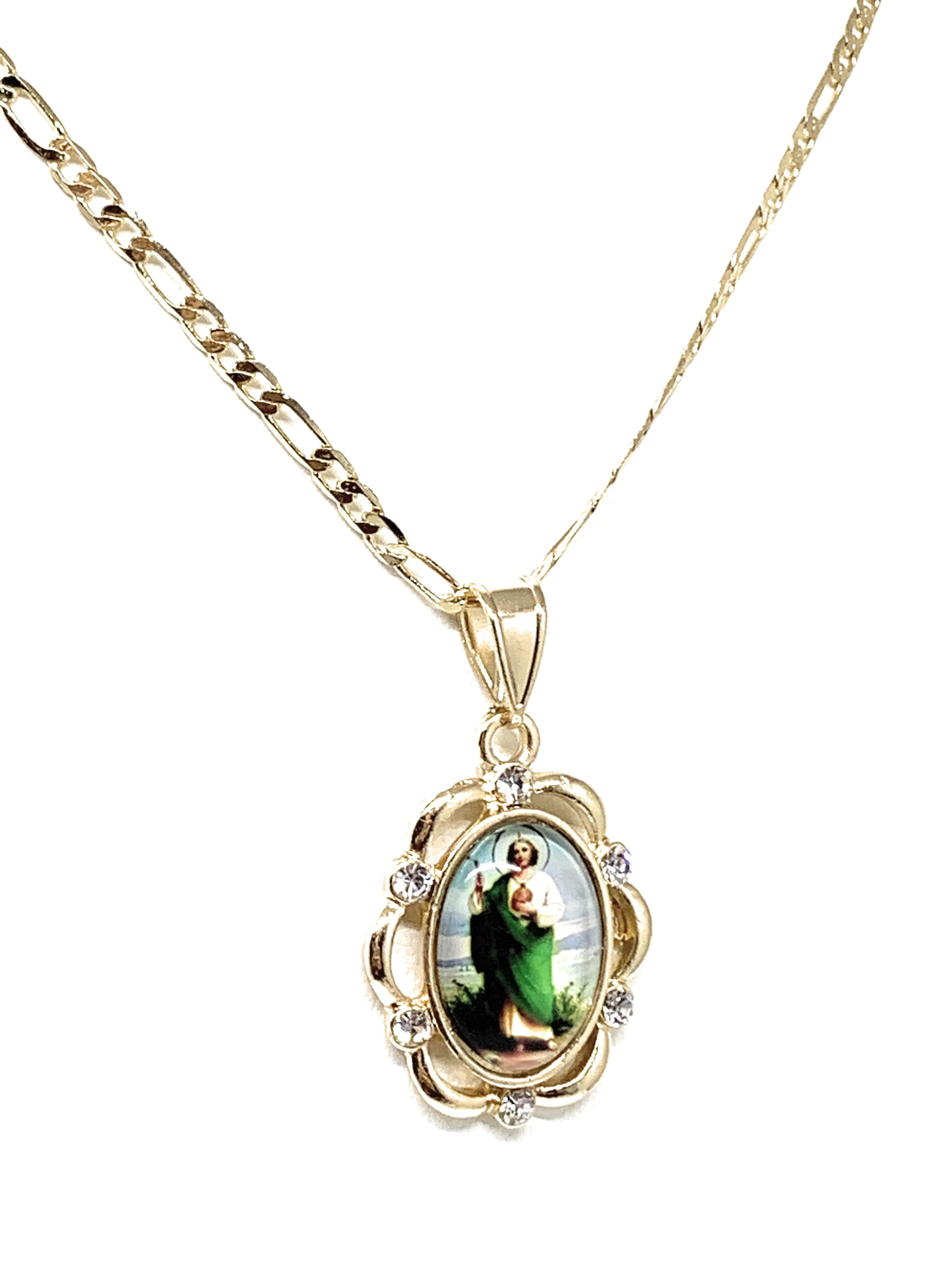 Gold Plated Saint Jude Pendant CZ Necklace Figaro 24" San Judas Tadeo Medalla - Image 7