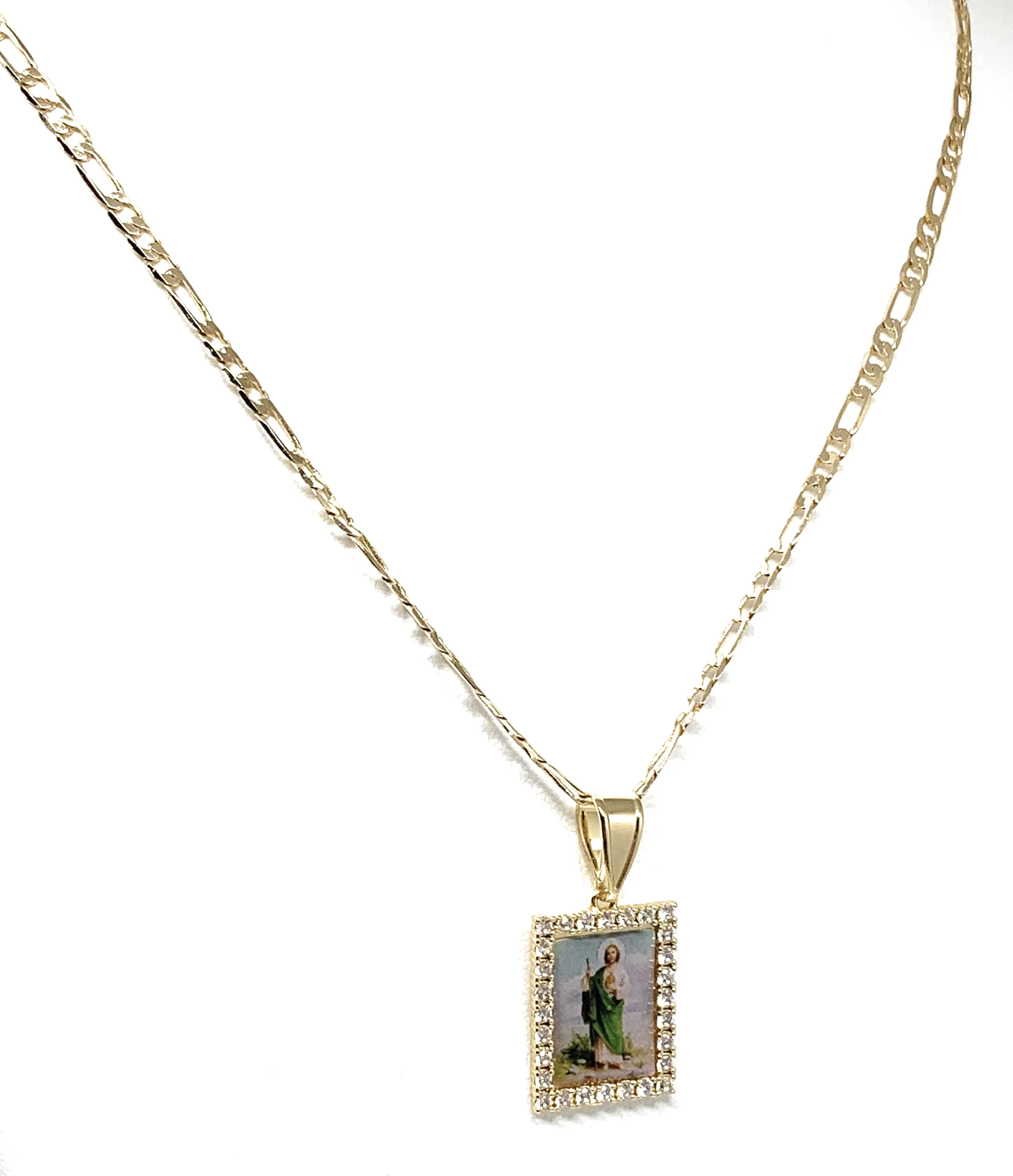 Gold Plated Saint Jude Pendant CZ Necklace Figaro 24" San Judas Tadeo Medalla Oro Laminado - Image 4