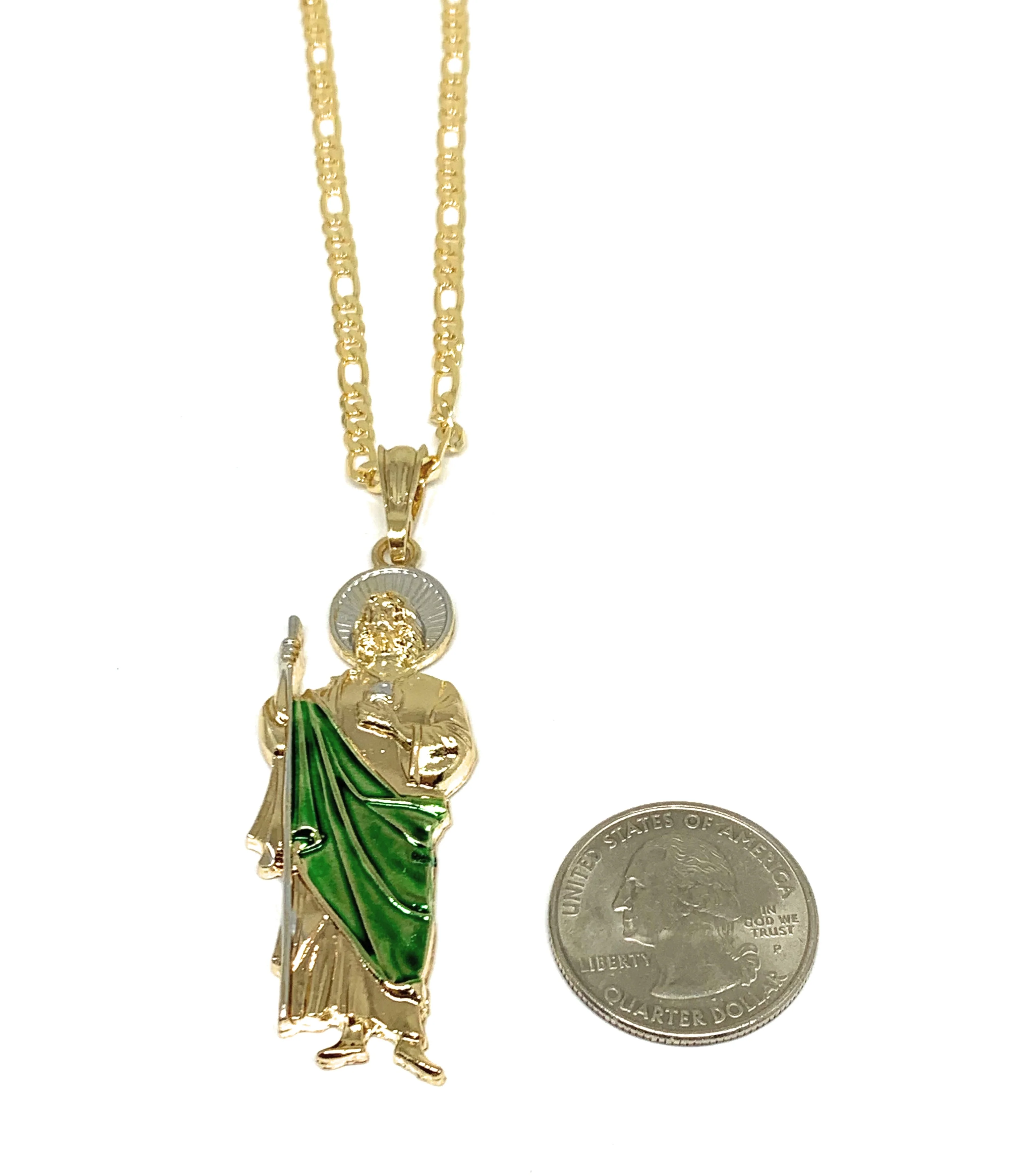 Gold Plated Saint Jude Pendant Green CZ Necklace Figaro San Judas Tadeo Medalla 24" 4mm - Image 2