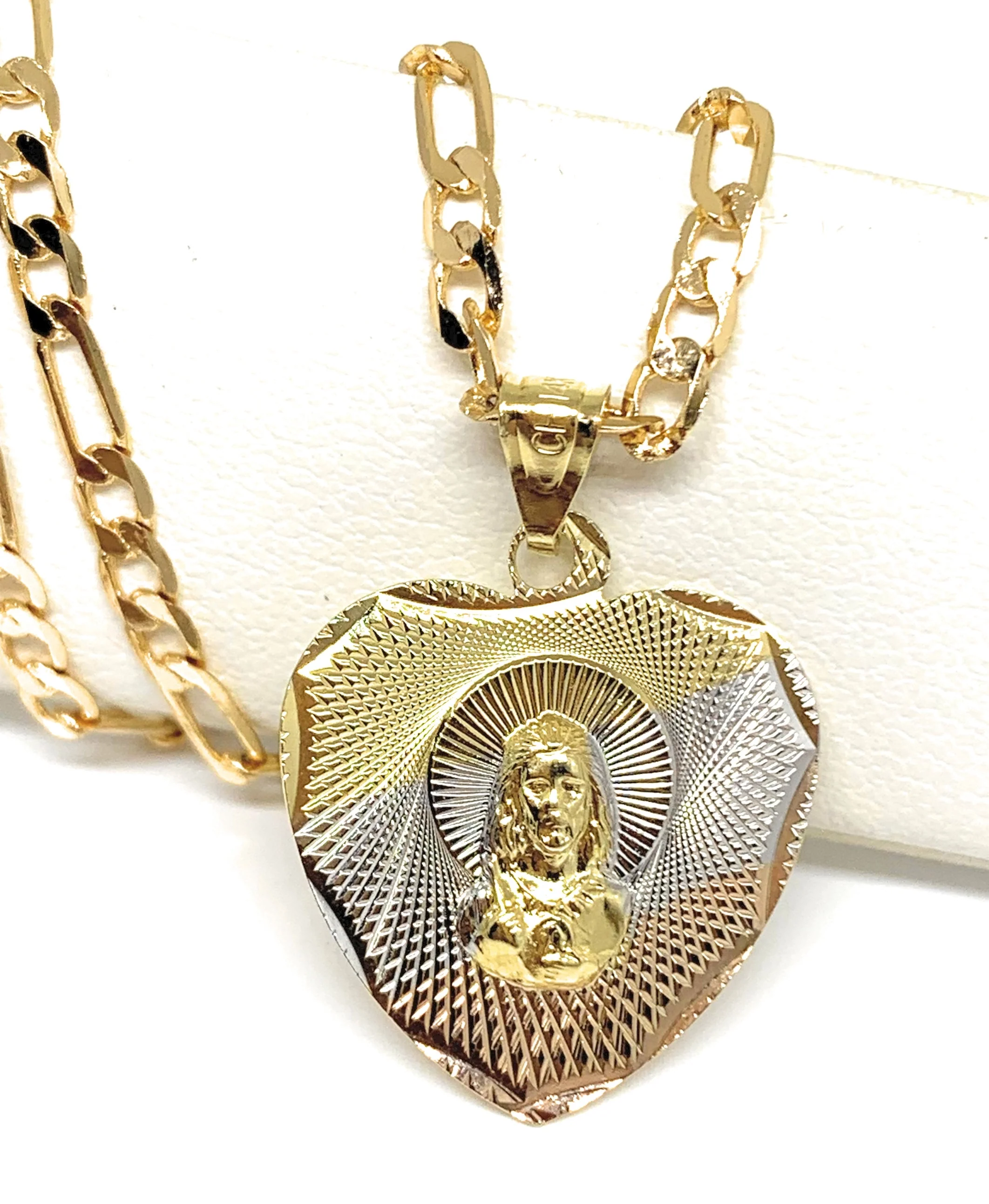 Gold Plated Saint Jude Pendant Laser Cut Pendant Necklace Figaro 24" San Judas Tadeo Medalla