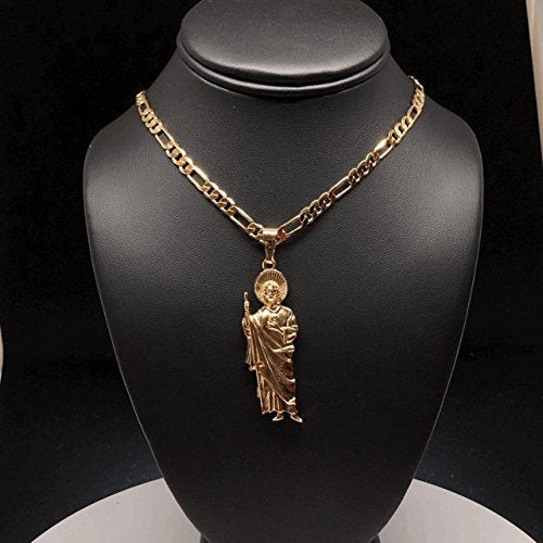 Gold Plated Saint Jude Pendant Necklace Figaro 26" San Judas Tadeo Medalla Cadena Oro Laminado - Image 3
