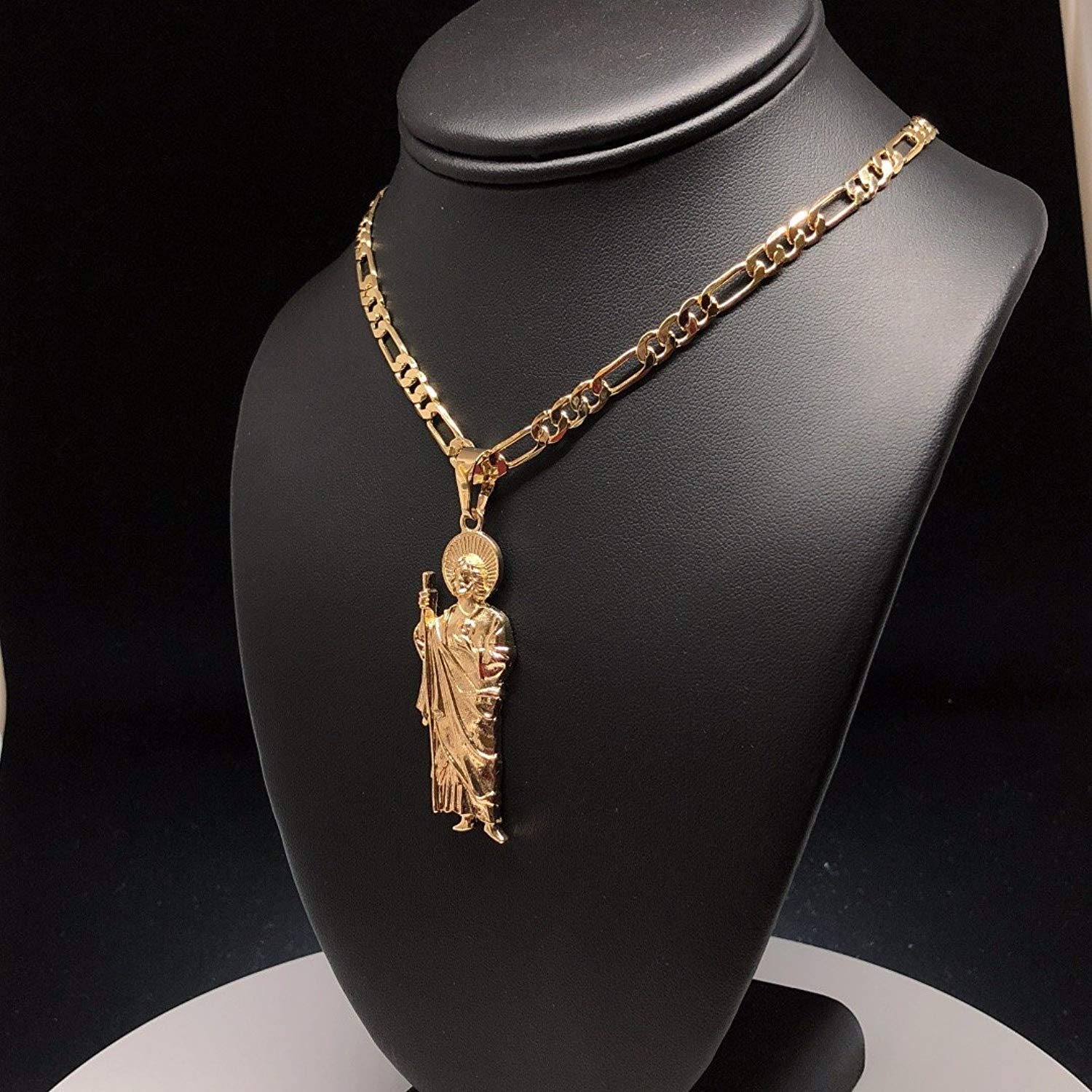 Gold Plated Saint Jude Pendant Necklace Figaro 26" San Judas Tadeo Medalla Cadena Oro Laminado - Image 4