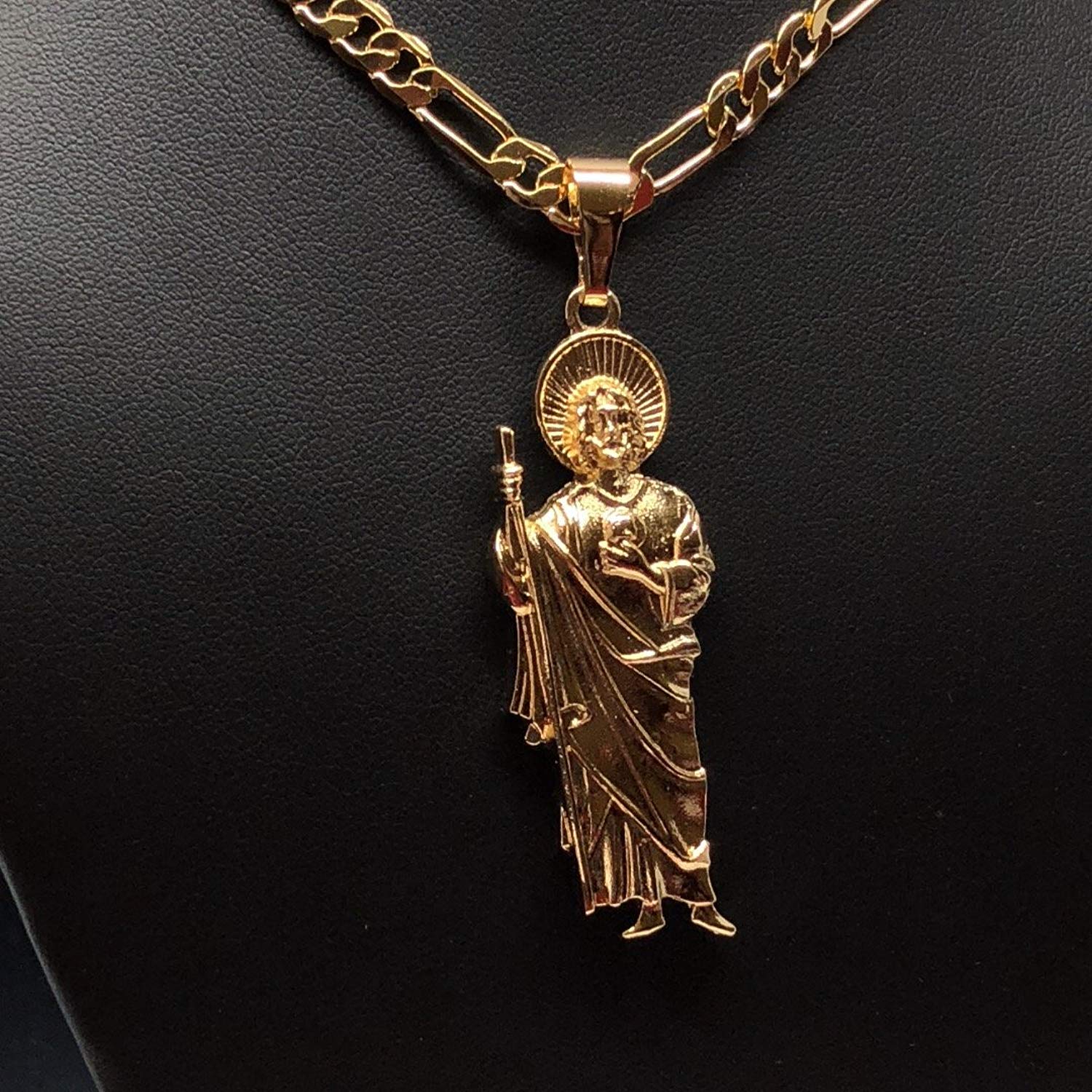 Gold Plated Saint Jude Pendant Necklace Figaro 26" San Judas Tadeo Medalla Cadena Oro Laminado - Image 5