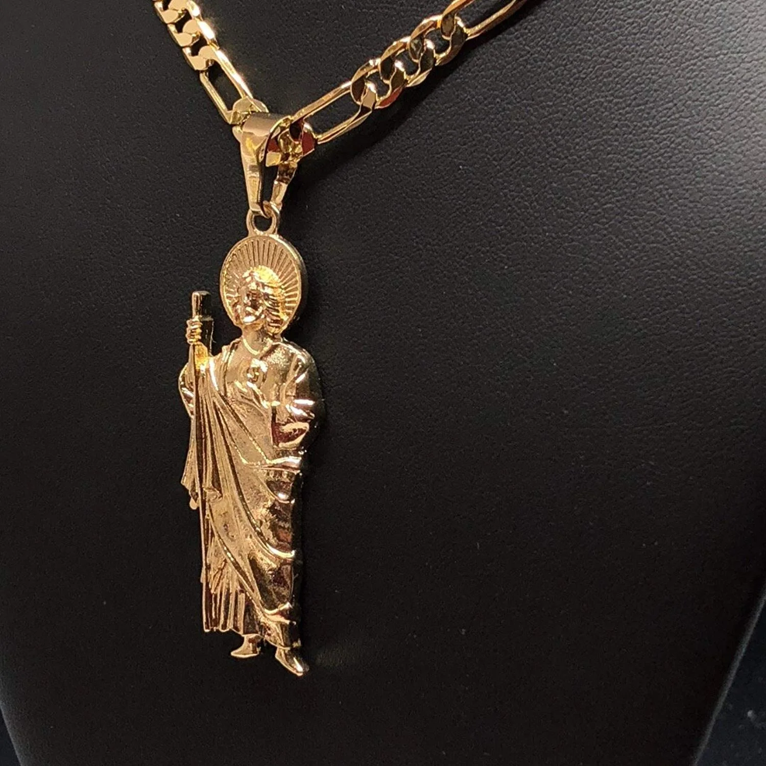 Gold Plated Saint Jude Pendant Necklace Figaro 26" San Judas Tadeo Medalla Cadena Oro Laminado - Image 6