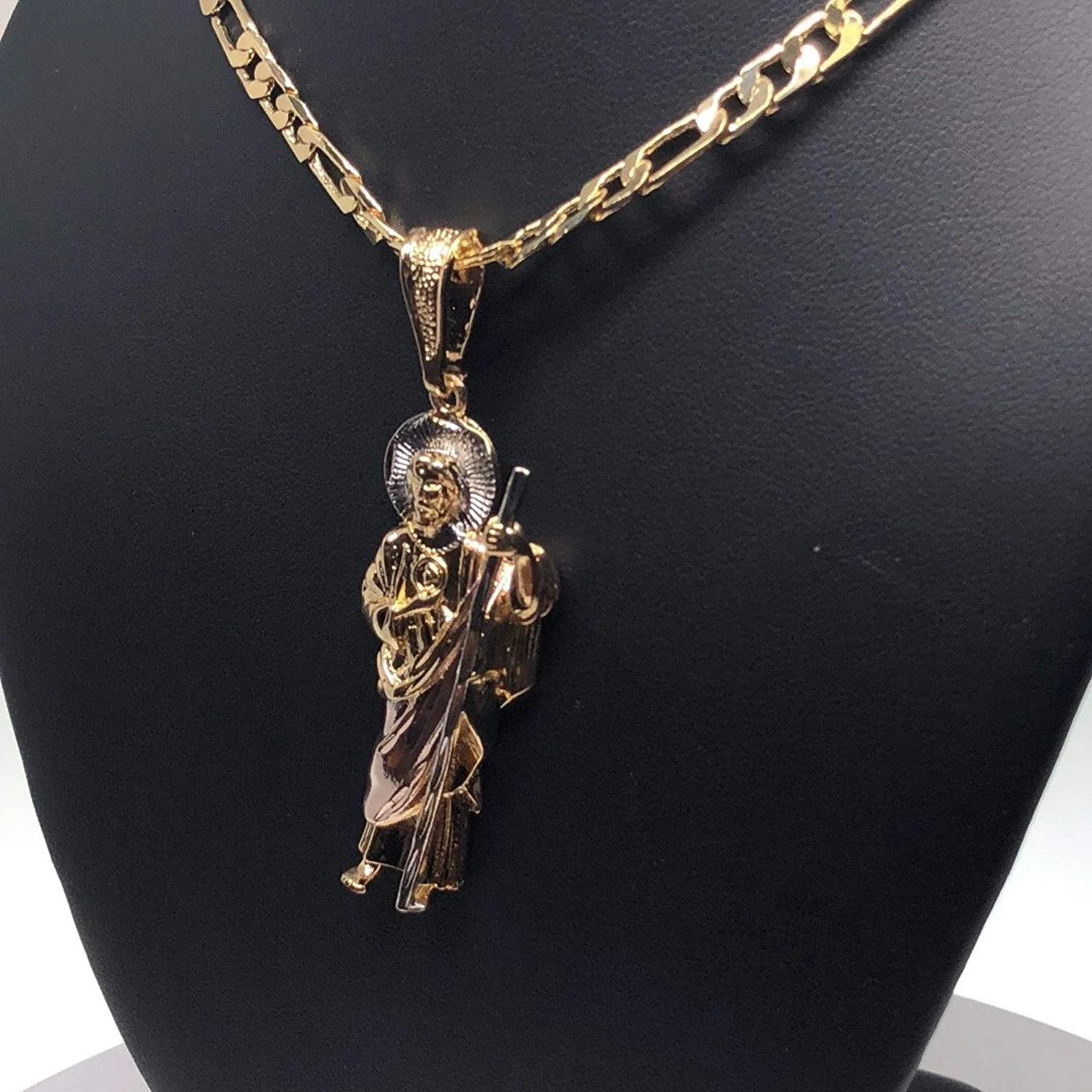 Gold Plated Saint Jude Pendant Necklace Figaro 26" San Judas Tadeo Medalla Oro Laminado - Image 3