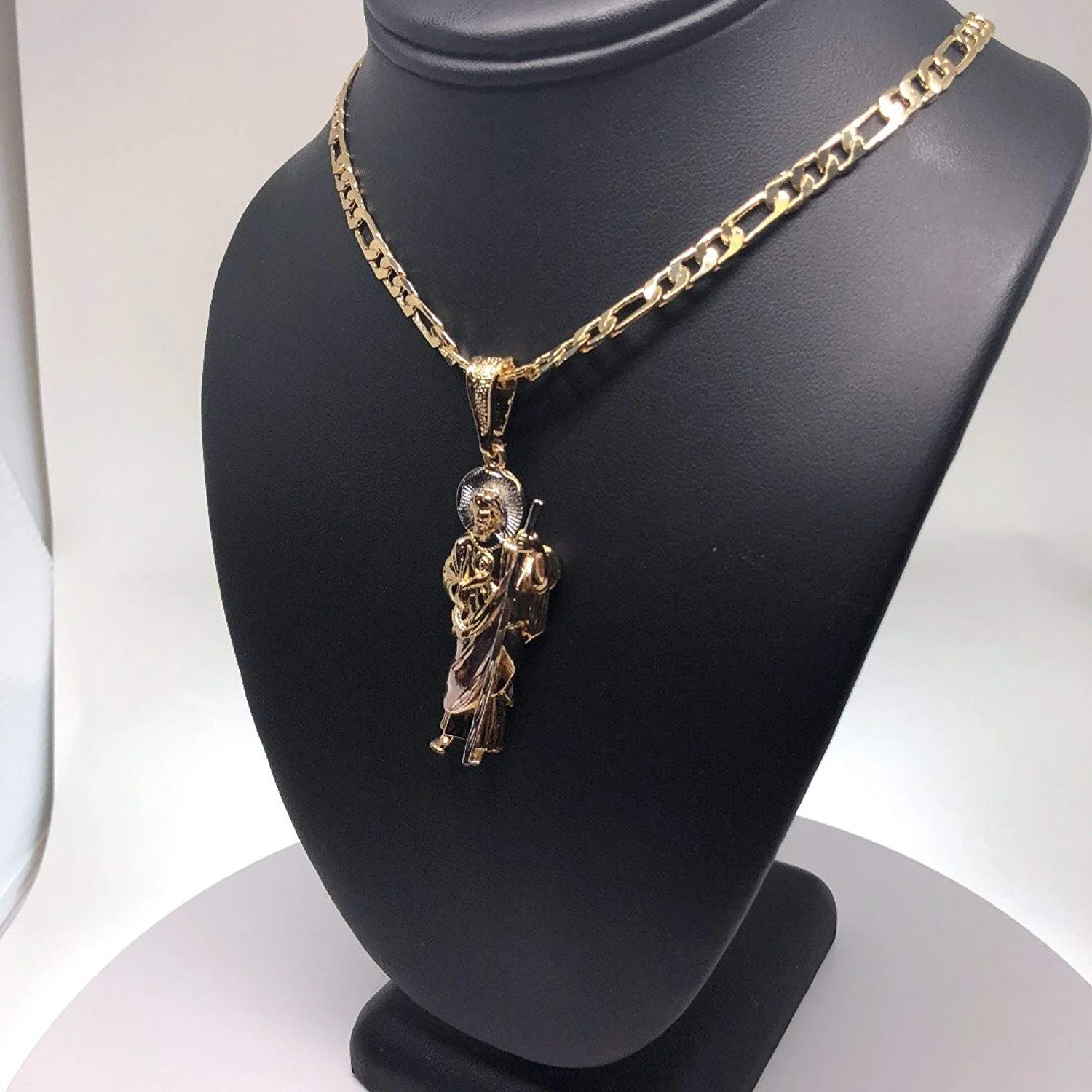 Gold Plated Saint Jude Pendant Necklace Figaro 26" San Judas Tadeo Medalla Oro Laminado - Image 5