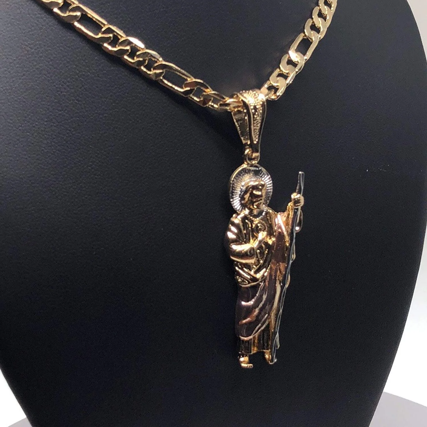 Gold Plated Saint Jude Pendant Necklace Figaro 26" San Judas Tadeo Medalla Oro Laminado - Image 6