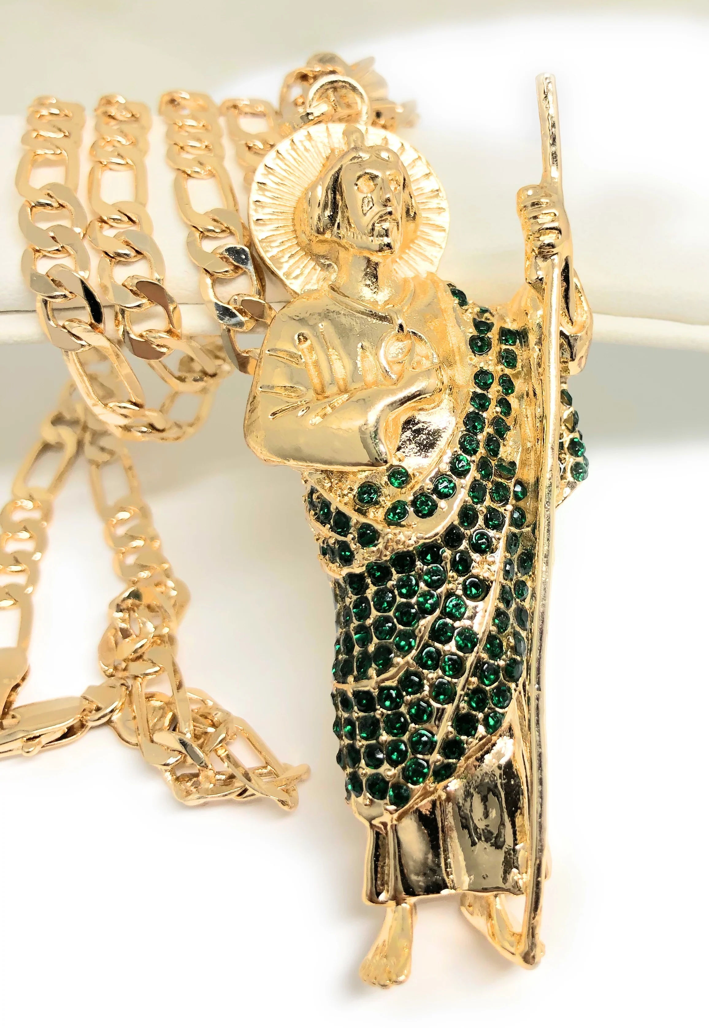 Gold Plated Saint Jude Pendant Necklace With Stones Figaro 26" San Judas Tadeo Medalla - Image 2