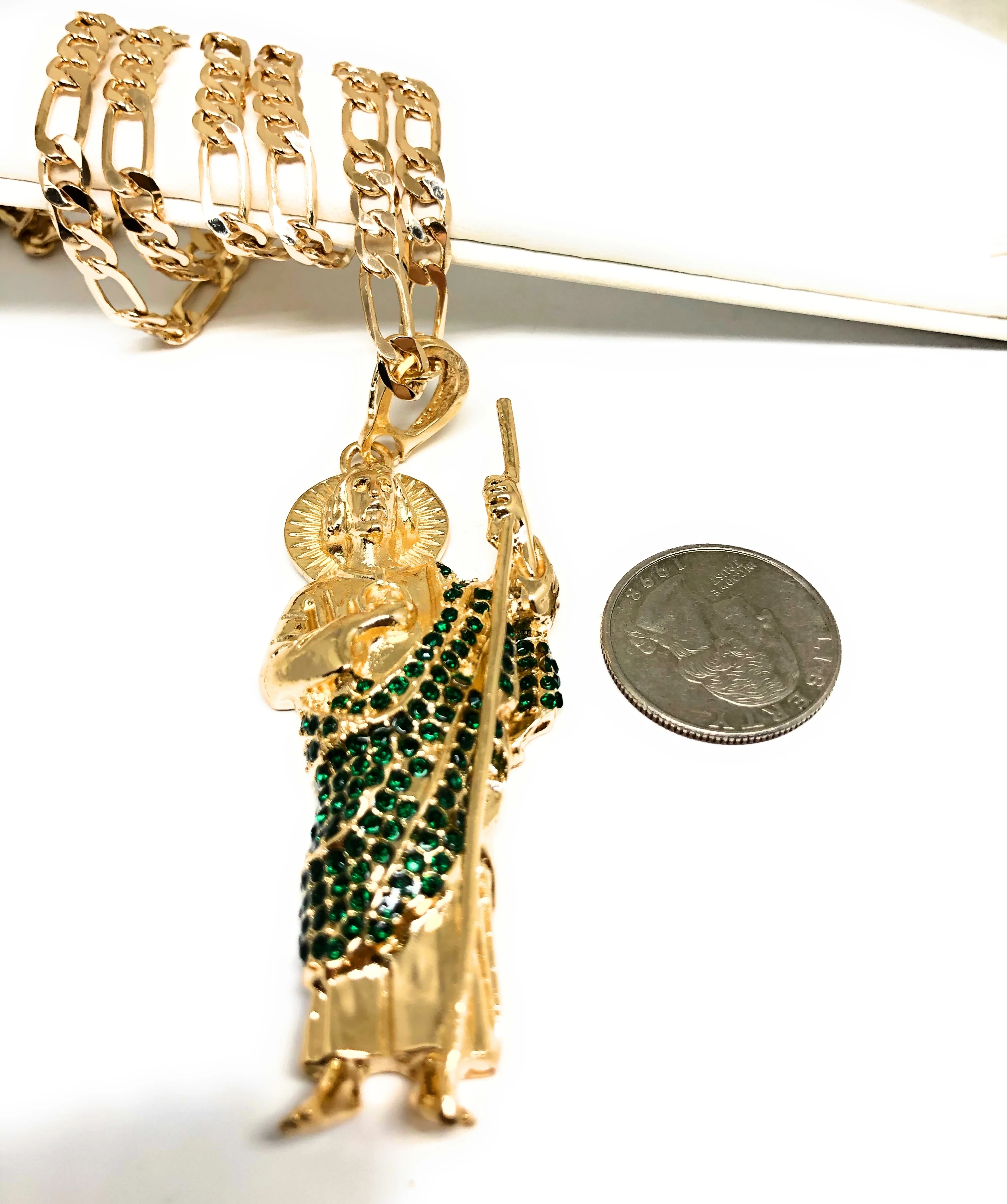 Gold Plated Saint Jude Pendant Necklace With Stones Figaro 26" San Judas Tadeo Medalla - Image 3