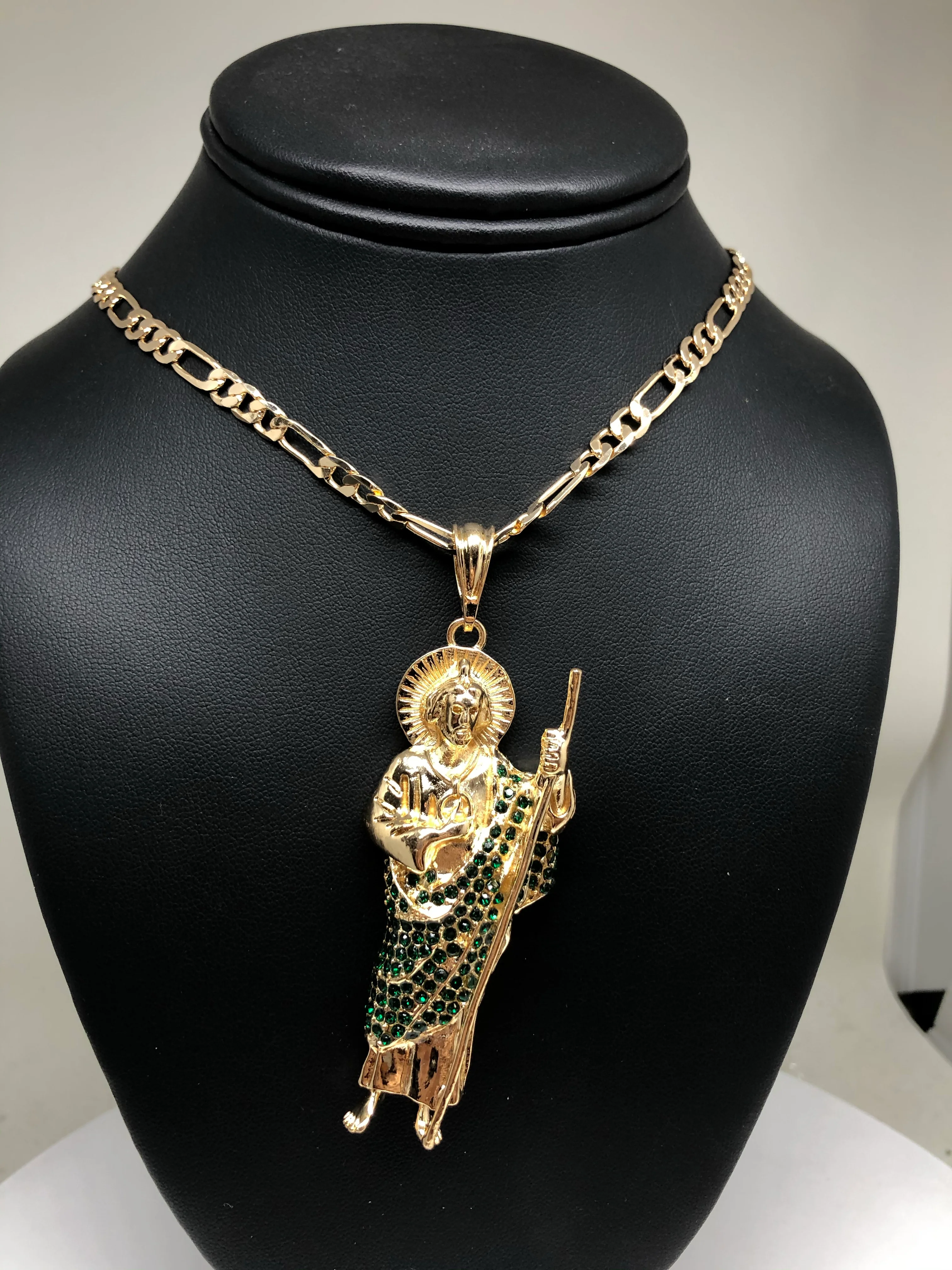 Gold Plated Saint Jude Pendant Necklace With Stones Figaro 26" San Judas Tadeo Medalla - Image 4