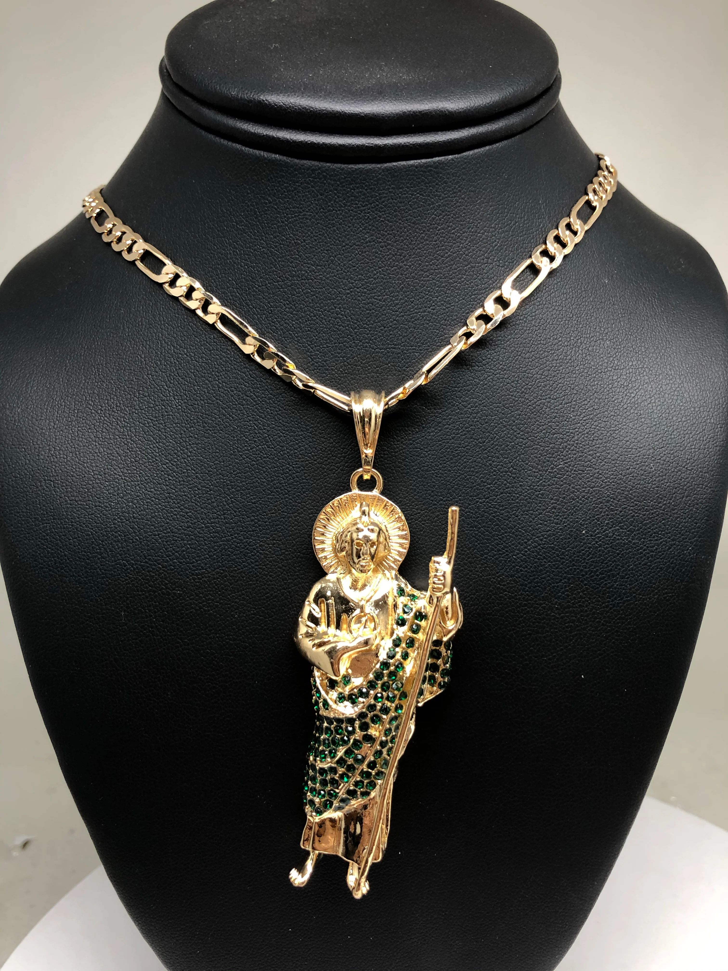 Gold Plated Saint Jude Pendant Necklace With Stones Figaro 26" San Judas Tadeo Medalla - Image 7