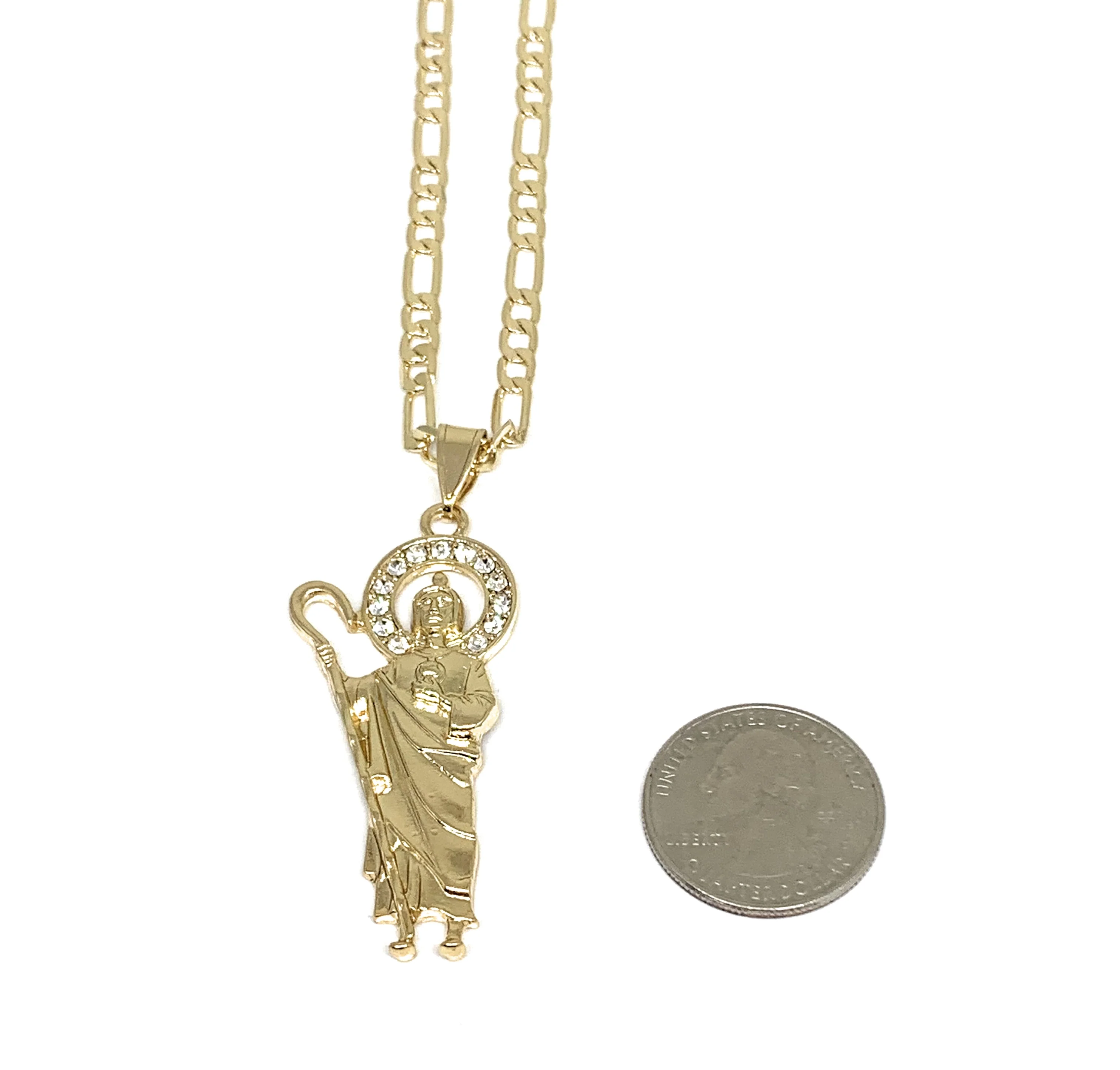 Gold Plated Saint Jude Pendant White CZ Necklace Figaro 24” San Judas Tadeo Medalla - Image 2