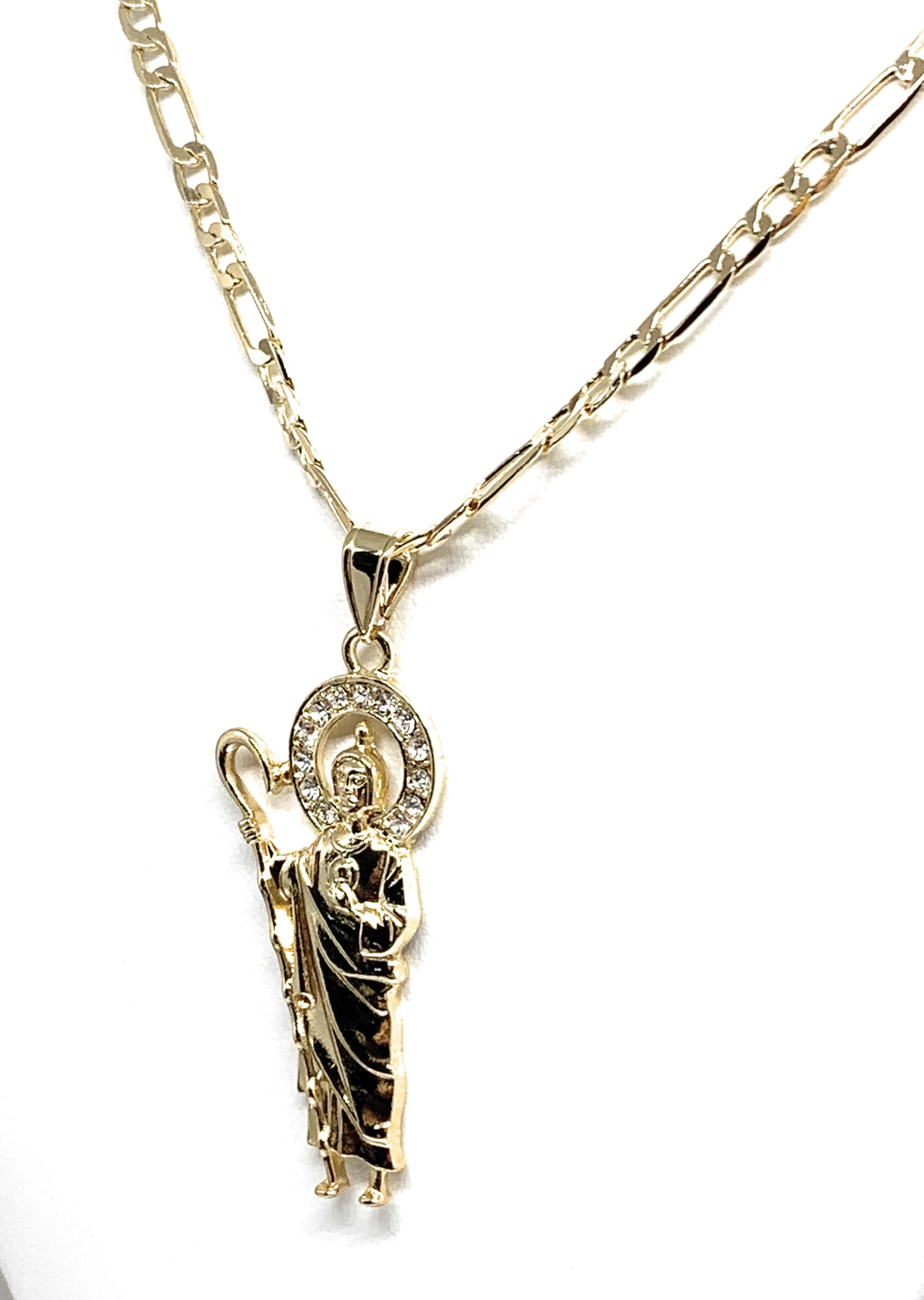 Gold Plated Saint Jude Pendant White CZ Necklace Figaro 24” San Judas Tadeo Medalla - Image 3