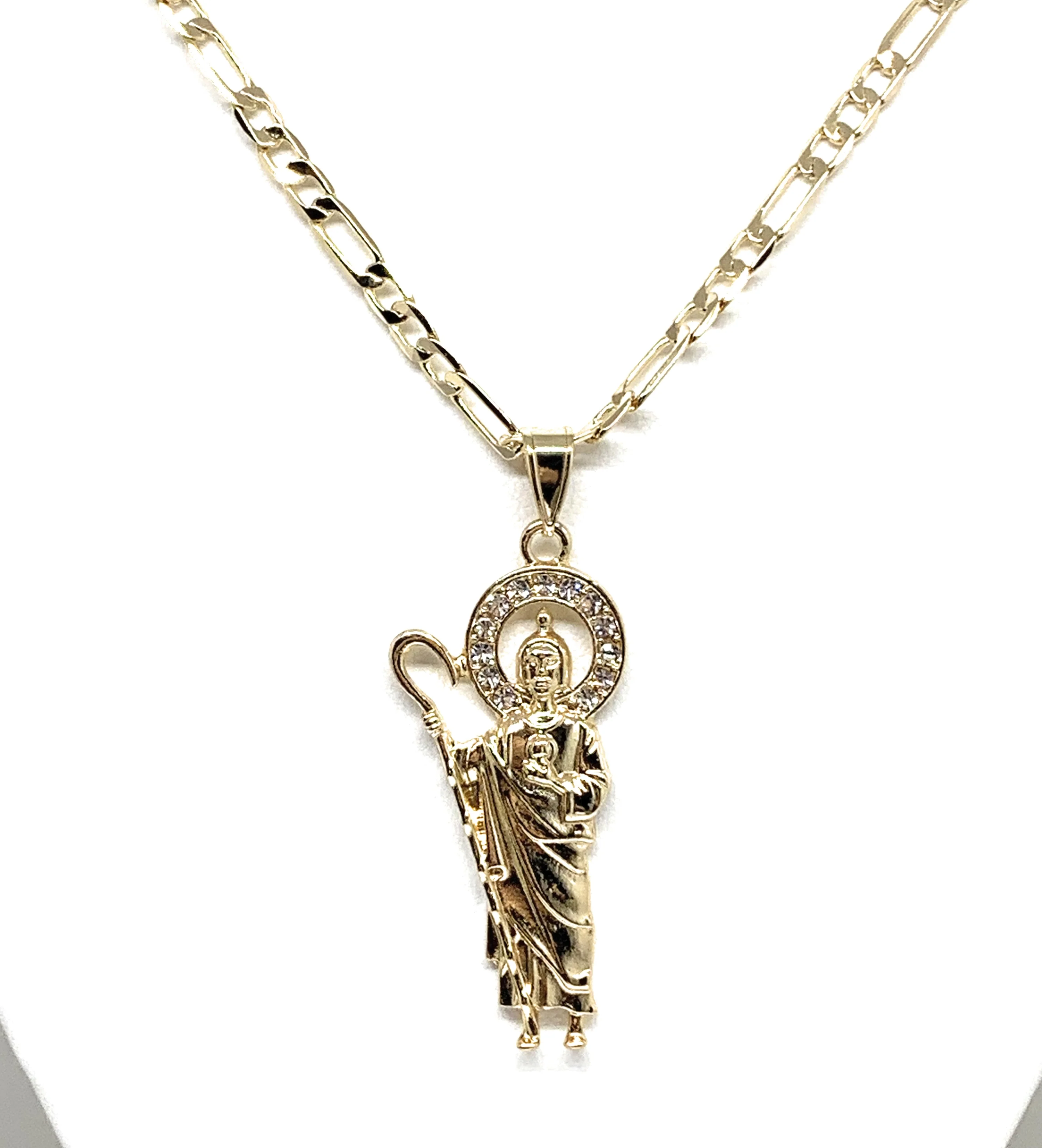 Gold Plated Saint Jude Pendant White CZ Necklace Figaro 24” San Judas Tadeo Medalla - Image 4