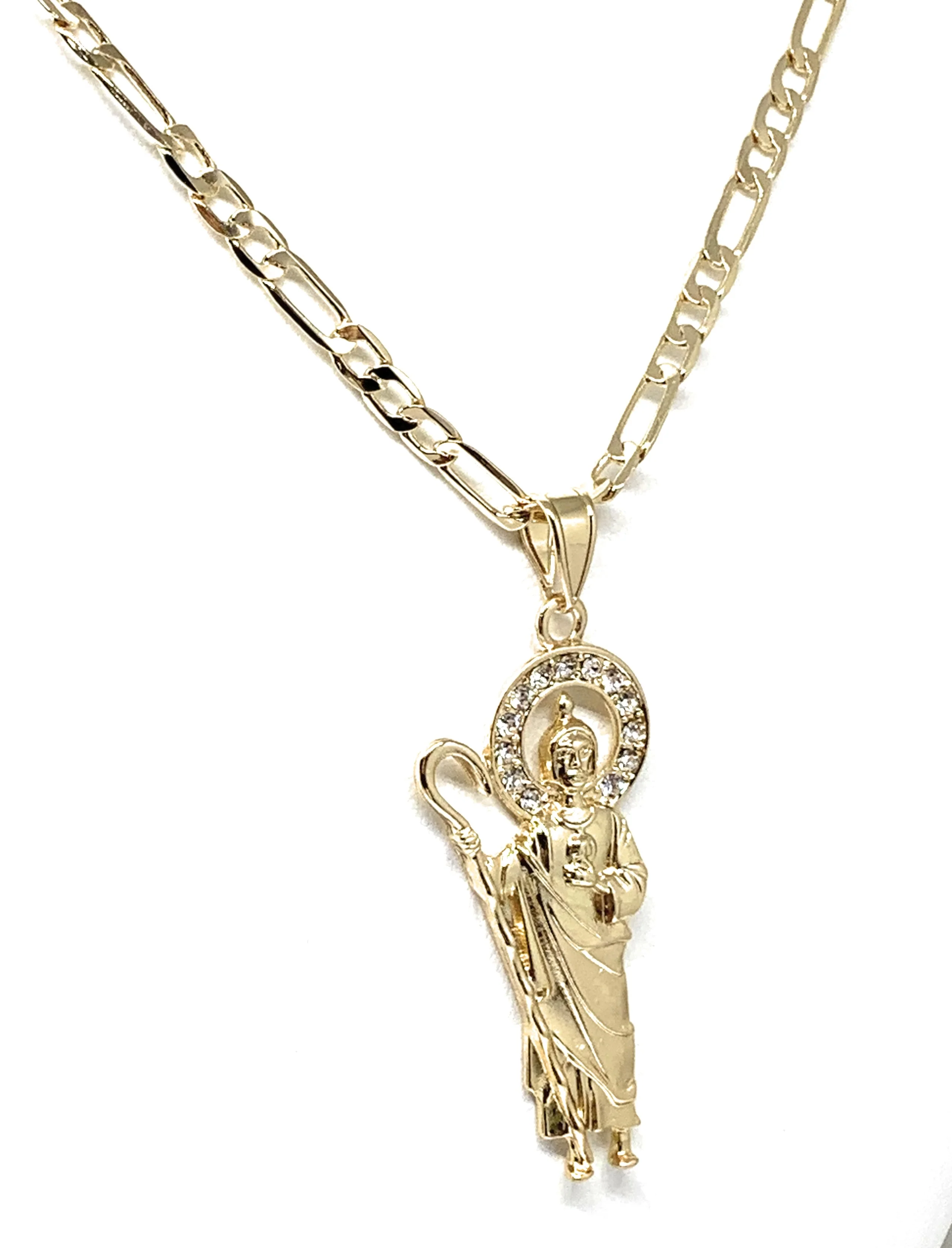 Gold Plated Saint Jude Pendant White CZ Necklace Figaro 24” San Judas Tadeo Medalla - Image 5