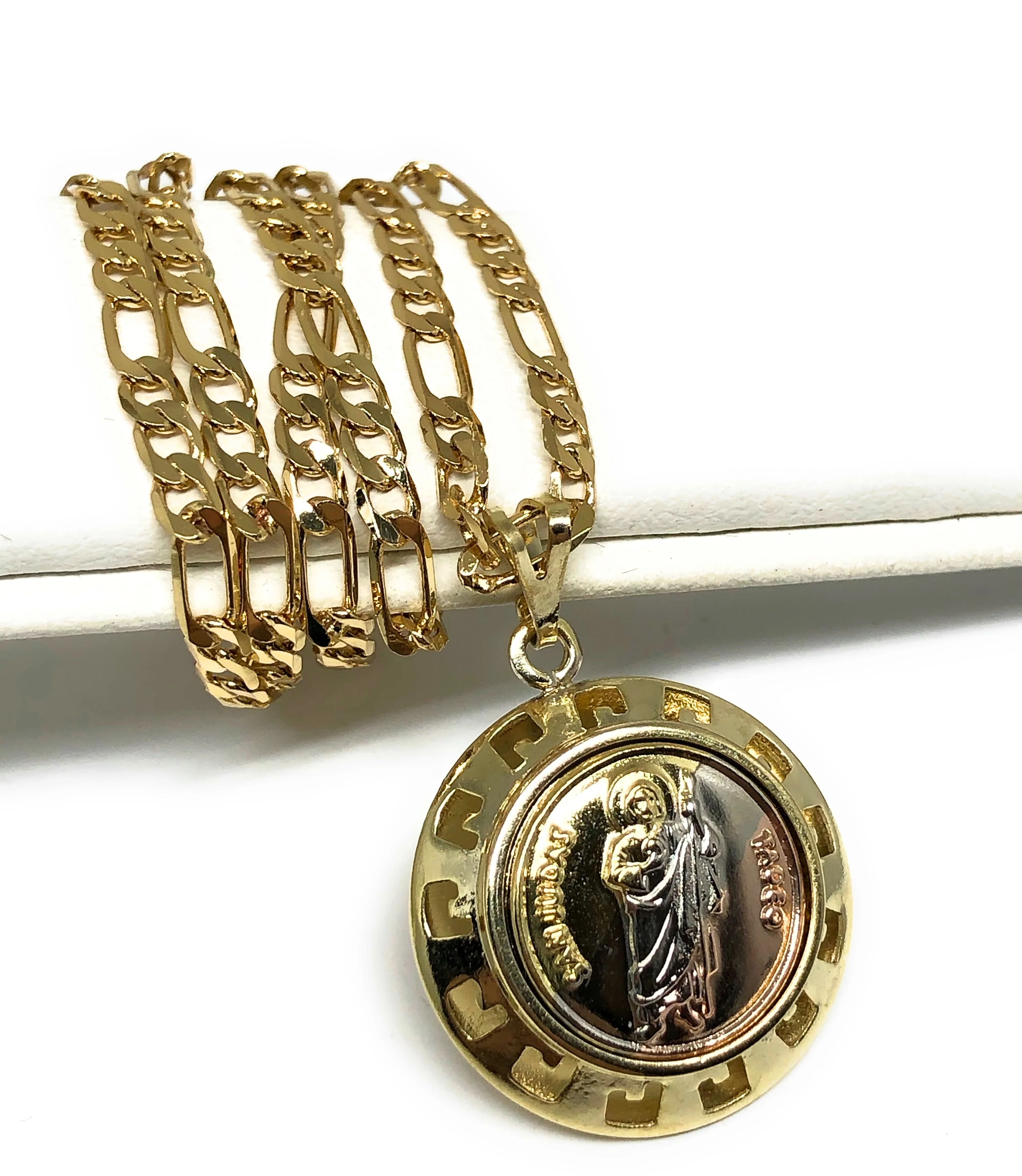 Gold Plated Saint Jude Small Dainty Round Pendant Necklace Figaro 24" San Judas Tadeo Medalla - Image 3