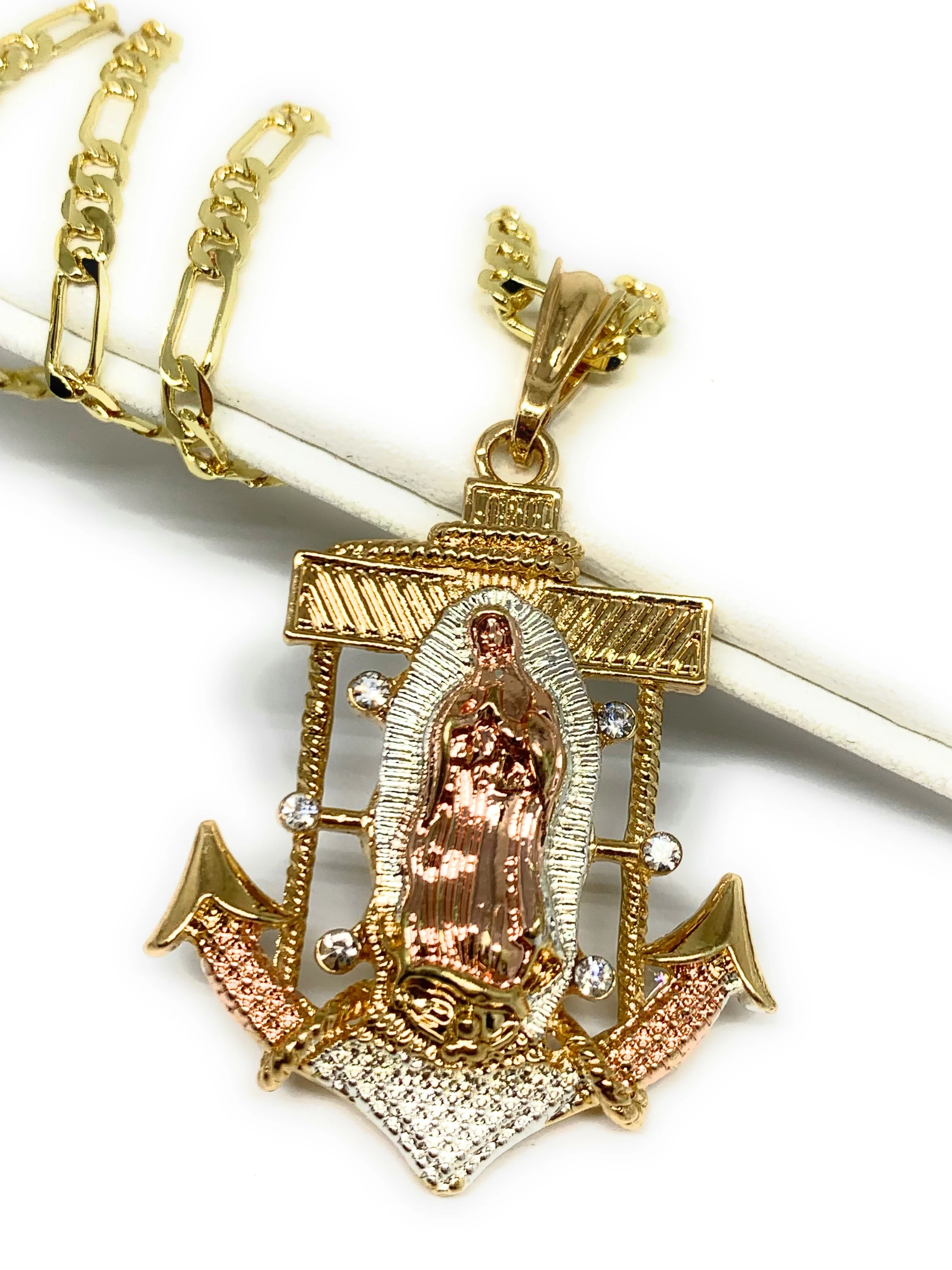 Gold Plated Tri-Color Virgin Mary Big XL Anchor Pendant 26" Figaro Chain