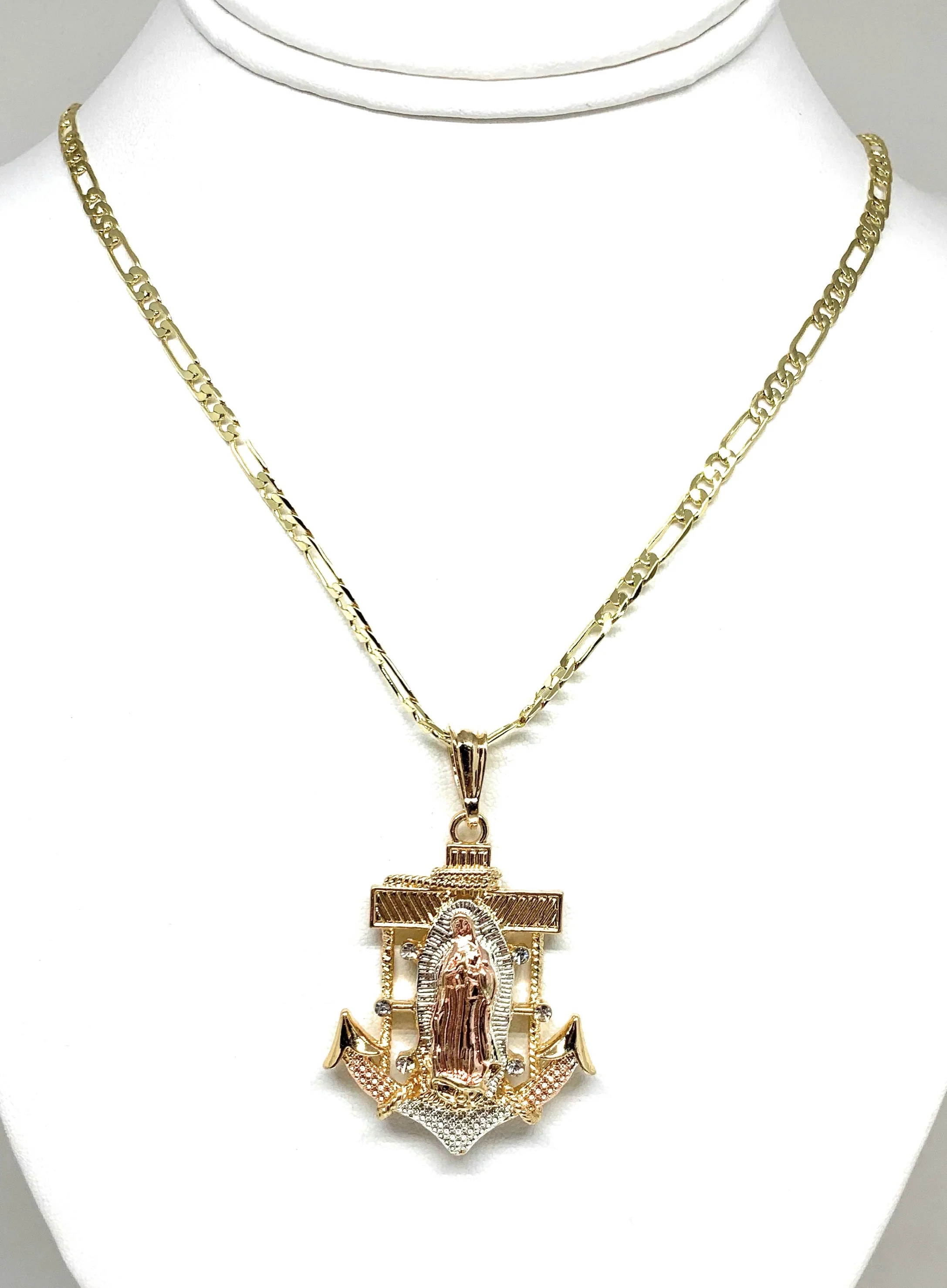 Gold Plated Tri-Color Virgin Mary Big XL Anchor Pendant 26" Figaro Chain - Image 3